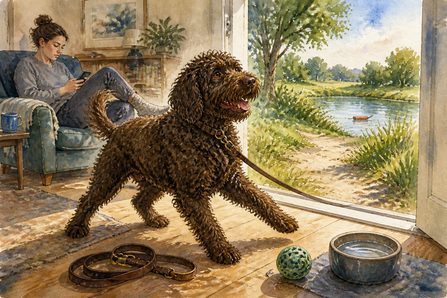 An energetic Barbet waits beside unused exercise toys while its distracted owner sits indoors.