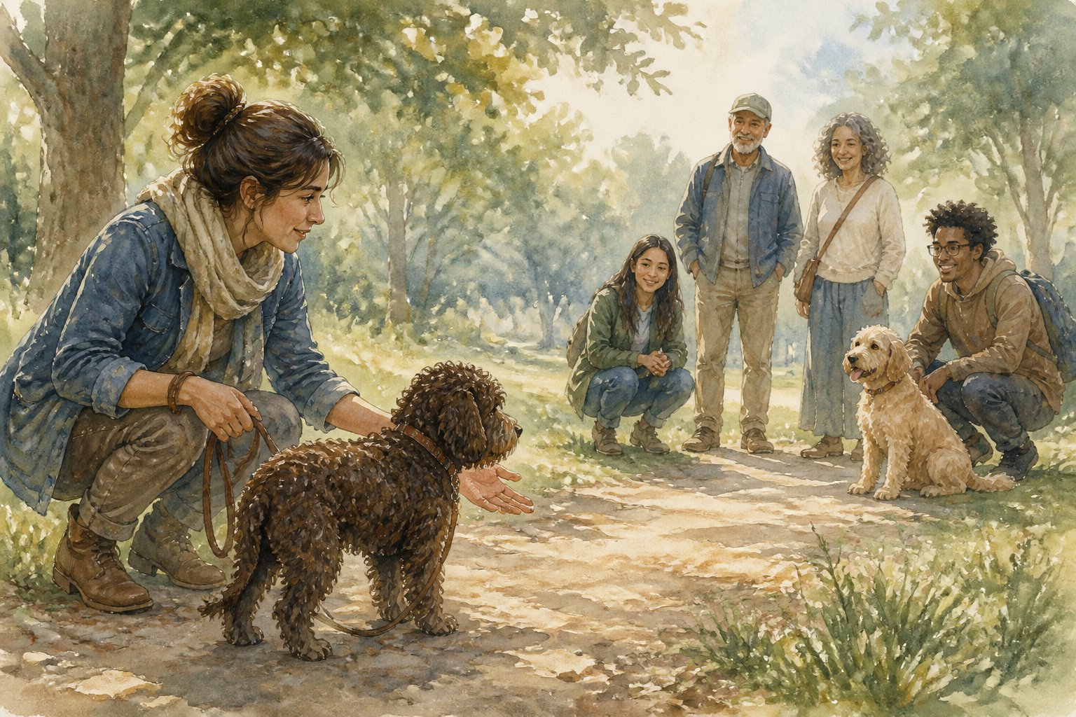 A cautious Barbet puppy is gently introduced to friendly people and a calm dog in a park by its supportive owner.
