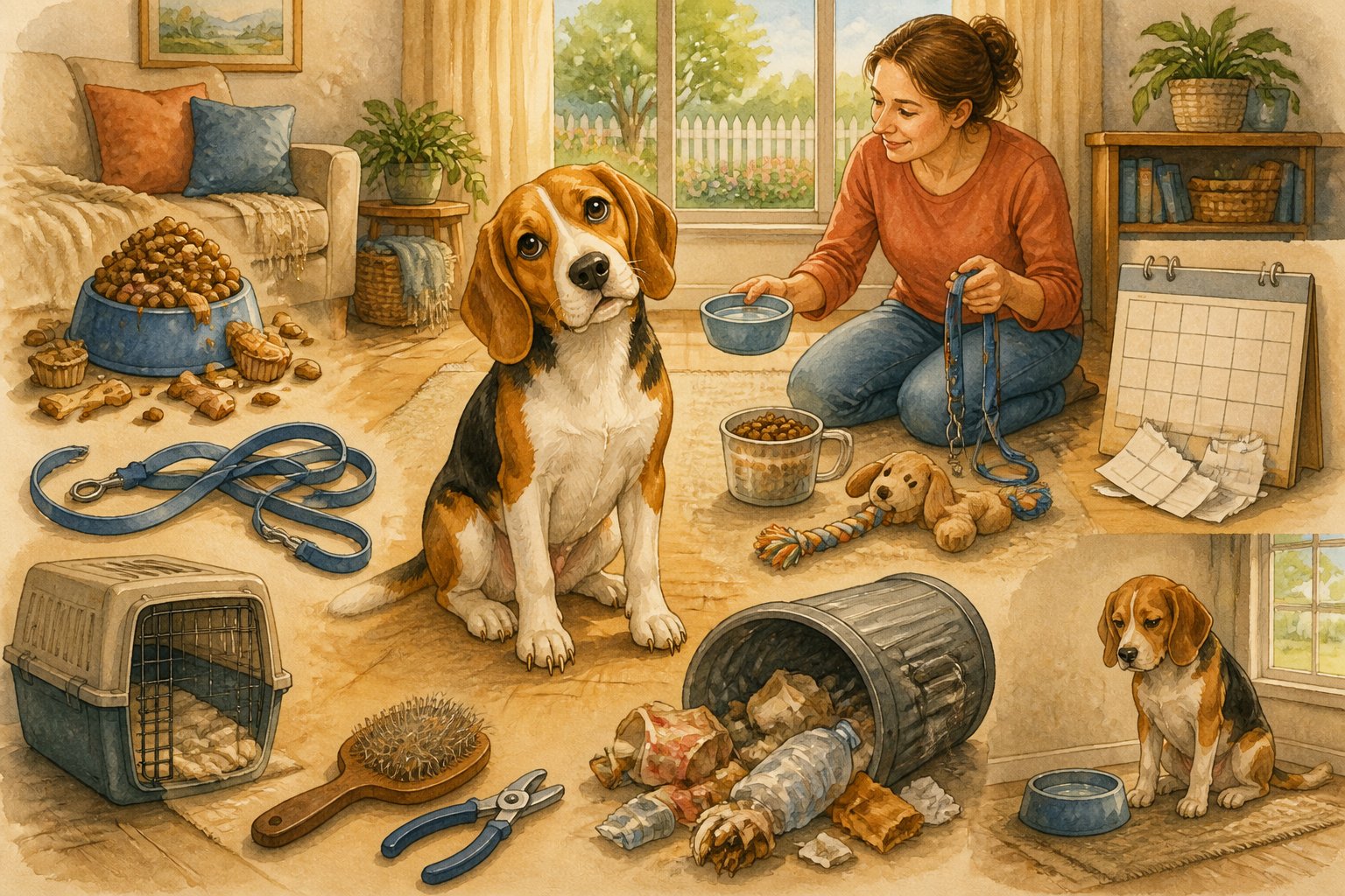 A beagle sits in a home surrounded by signs of common care mistakes while an owner provides food, water, exercise, grooming, and companionship.