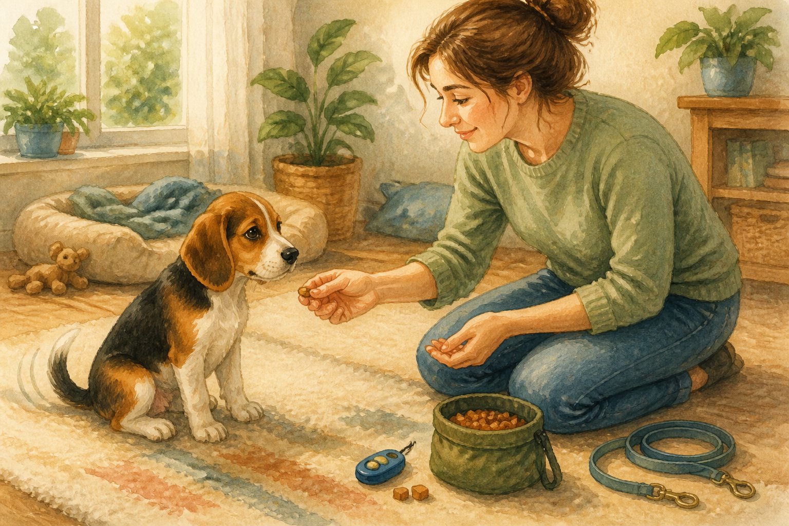 A cautious Beagle sits beside an owner who offers a treat during gentle training.