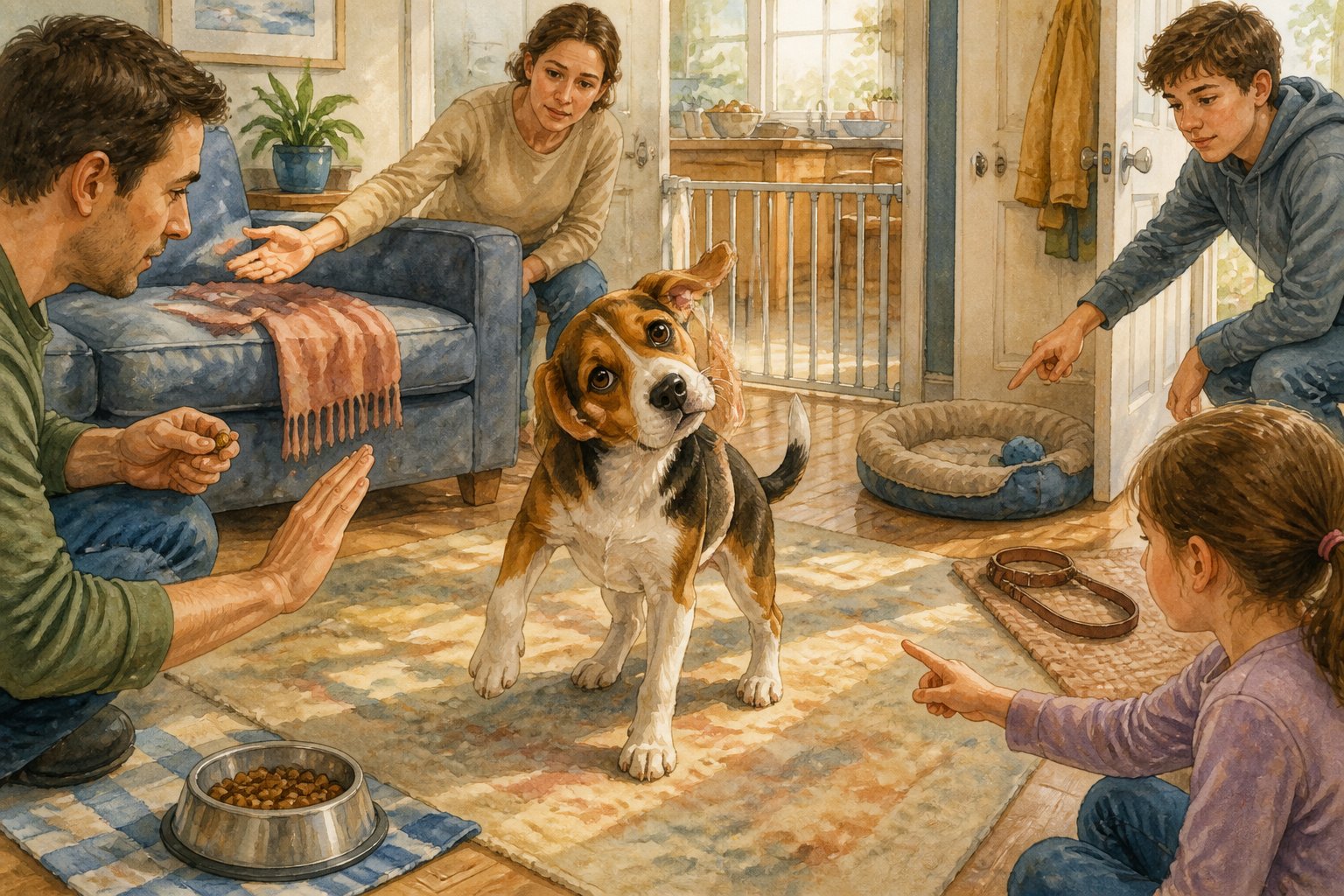 A confused Beagle puppy receives conflicting instructions from family members in a home.