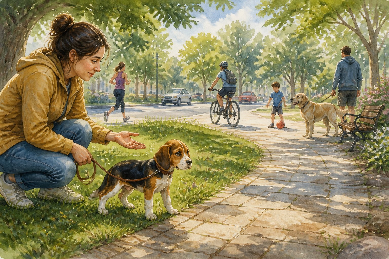 A hesitant Beagle puppy watches unfamiliar people, animals, and surroundings while its owner patiently offers reassurance in a park.