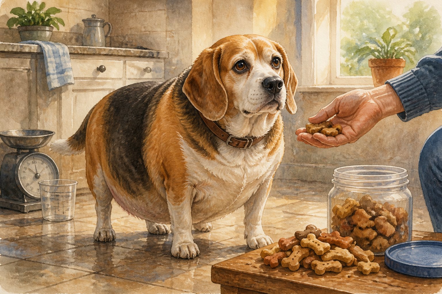 An overweight Beagle stands in a kitchen while a person offers it several treats.