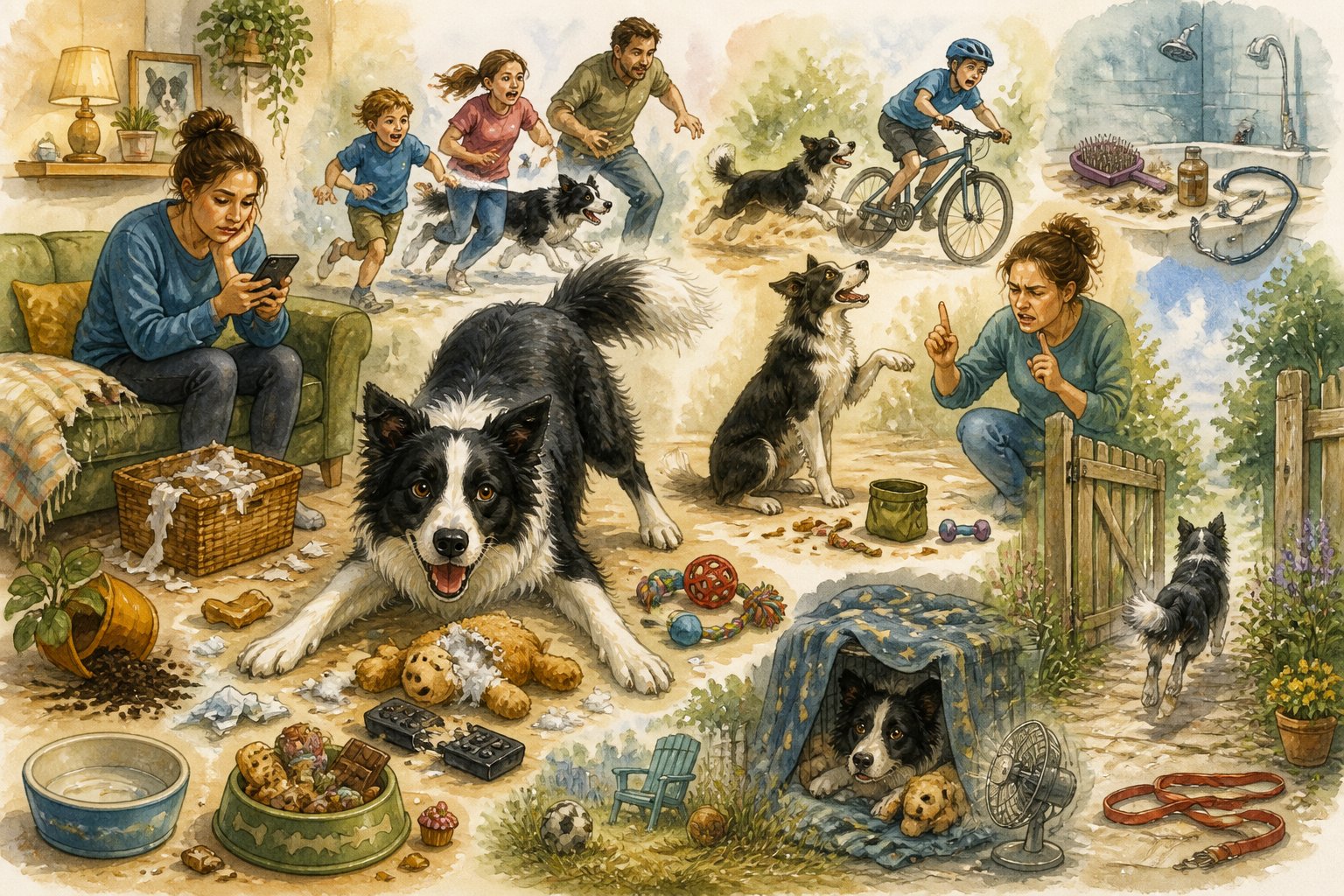 A lively Border Collie stands in a cluttered home and garden while its owner reacts to several signs of inadequate exercise, training, safety, and care.