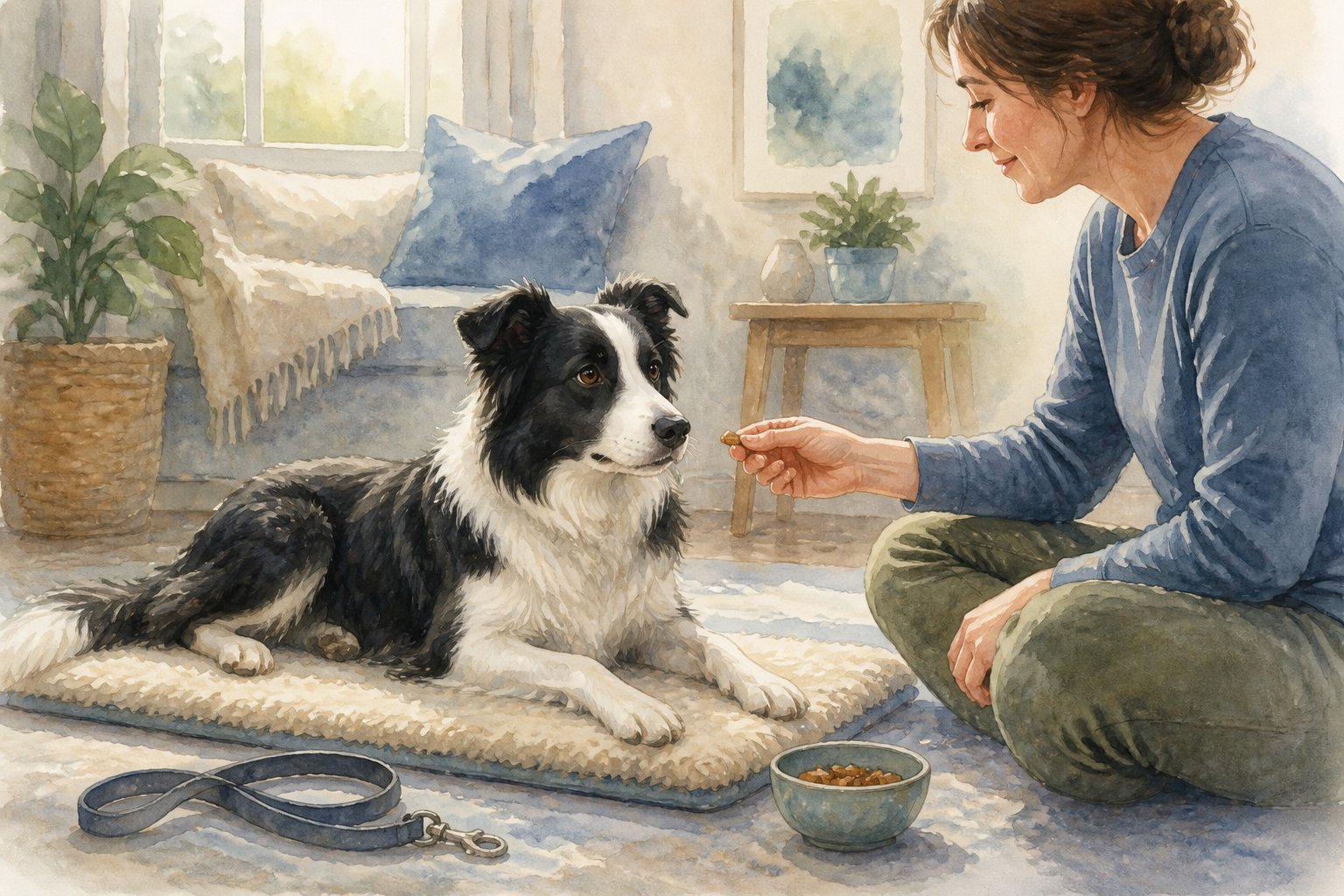 A Border Collie rests calmly on a mat while its owner rewards relaxed behavior.