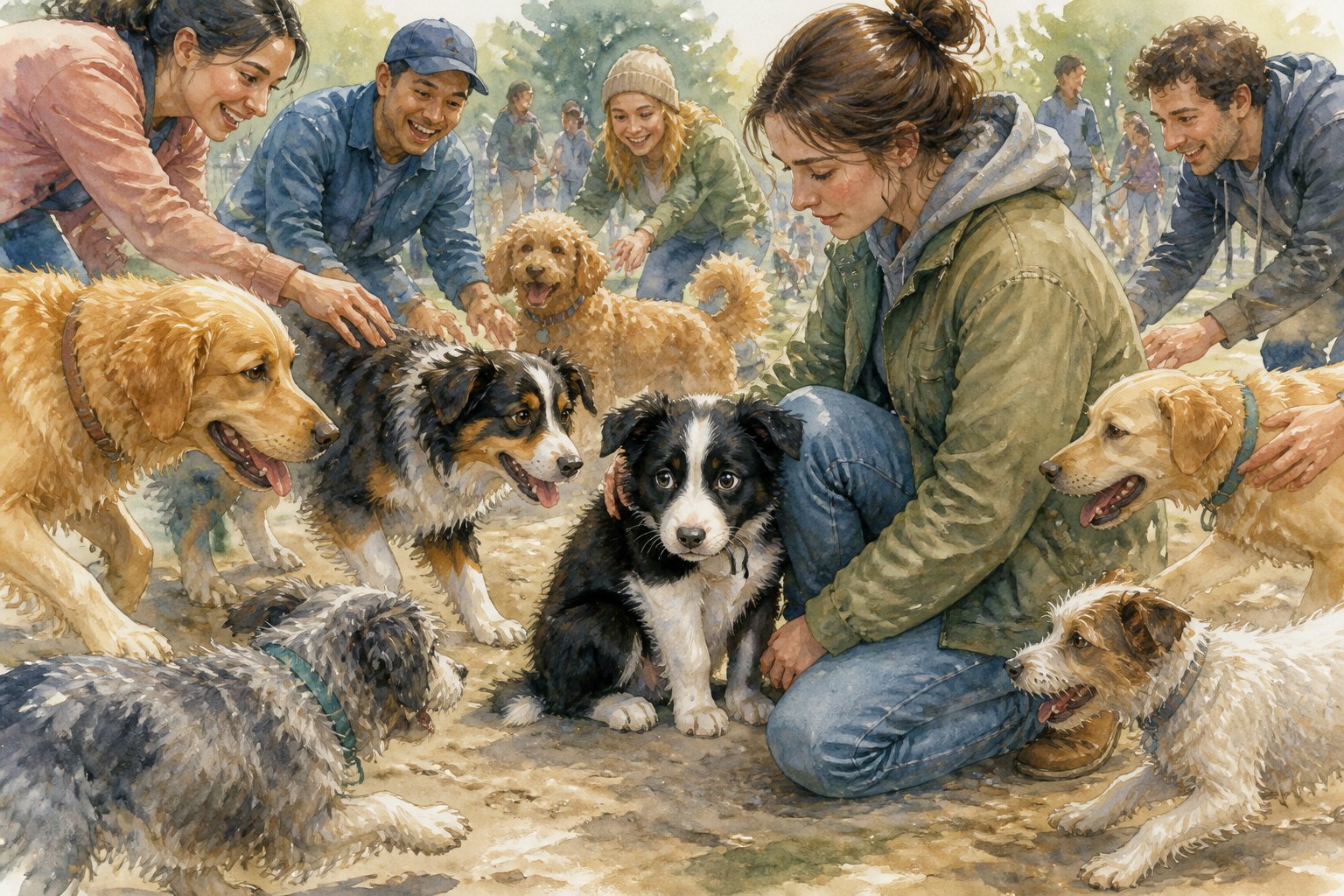 An overwhelmed Border Collie puppy surrounded by friendly dogs and people while its owner offers reassurance.