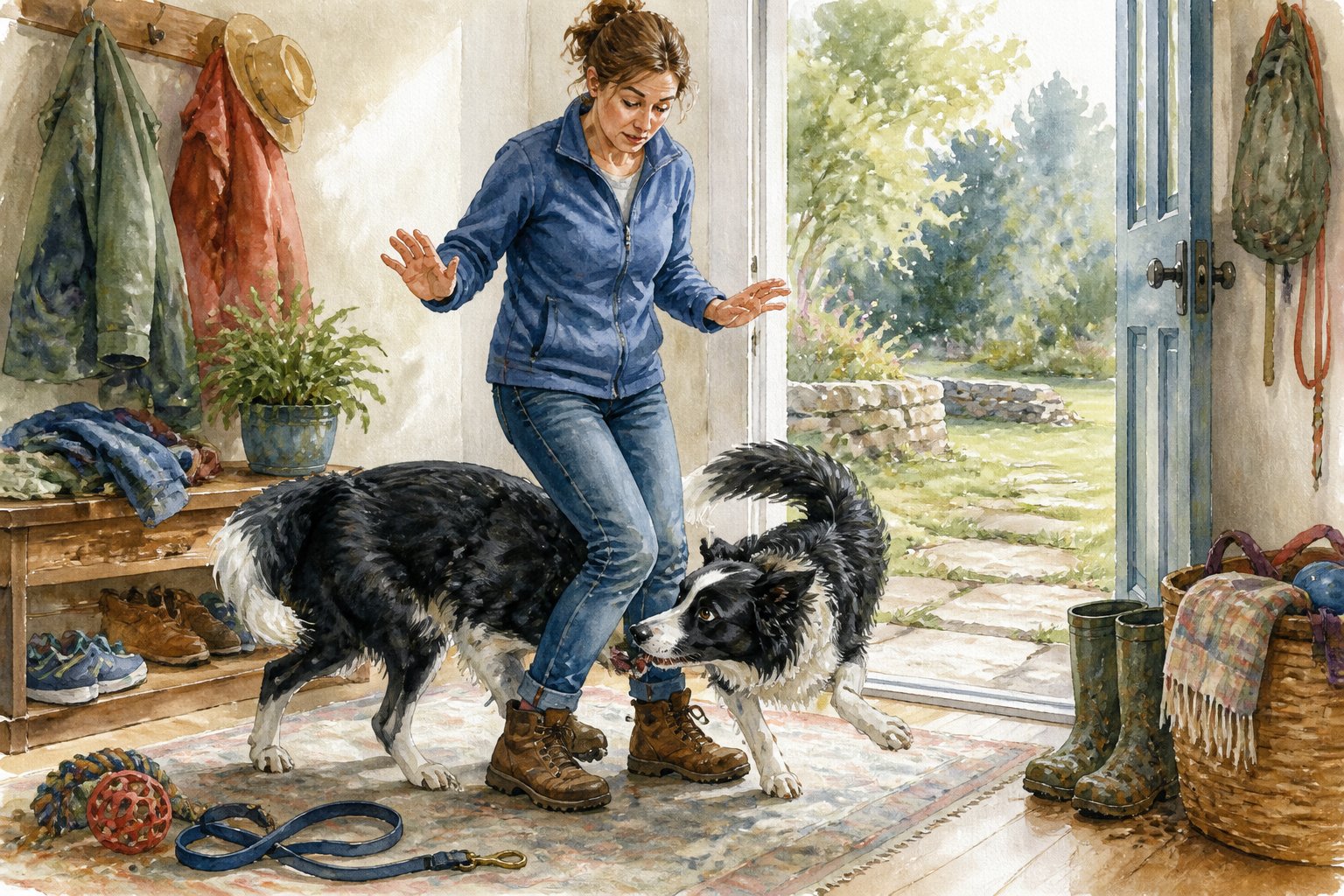 A Border Collie stares at a person while circling their legs and nipping at a boot heel in a home entryway.