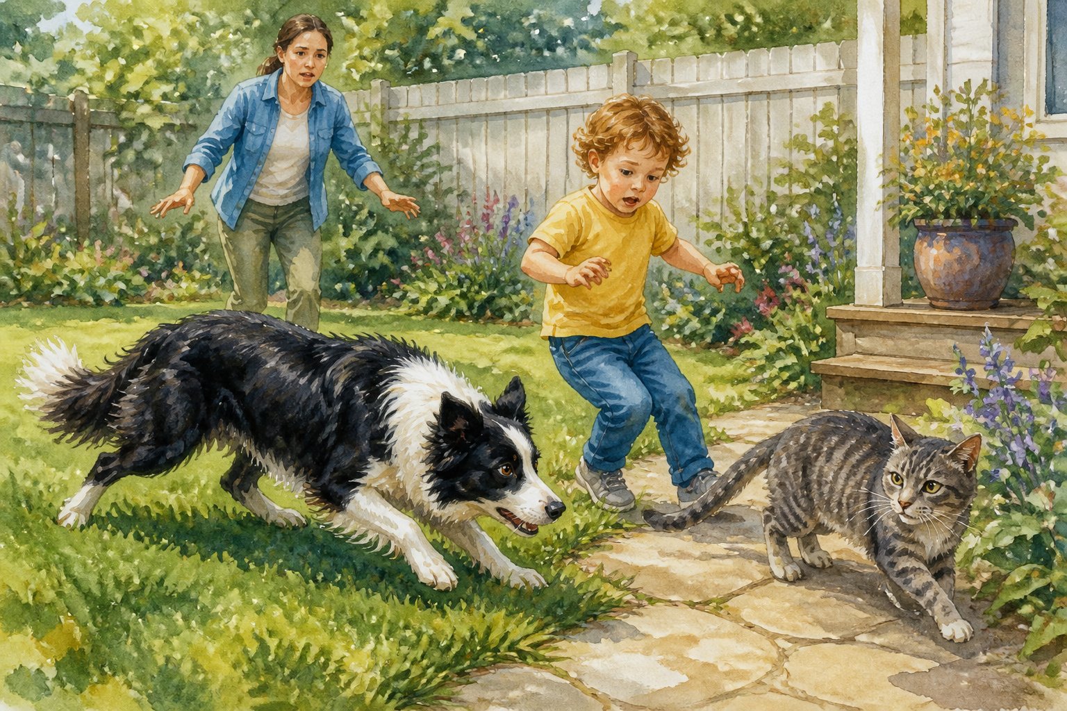 A Border Collie circles a startled child and a wary cat in a backyard while an adult moves in to intervene.