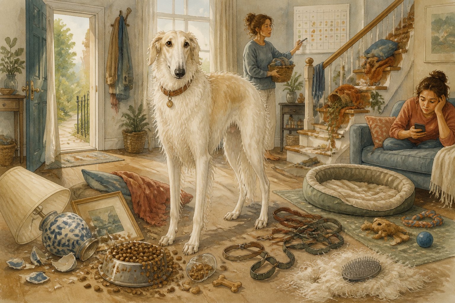 A tall Borzoi stands bewildered in a cluttered home while its owner notices several care and safety problems.