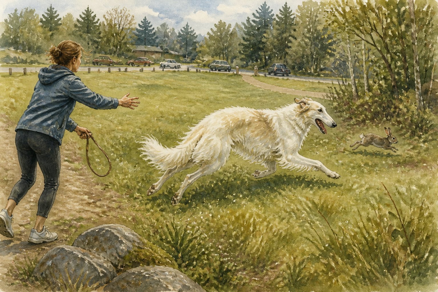 A Borzoi runs loose across an unfenced meadow while its worried owner reaches after it with an empty leash.