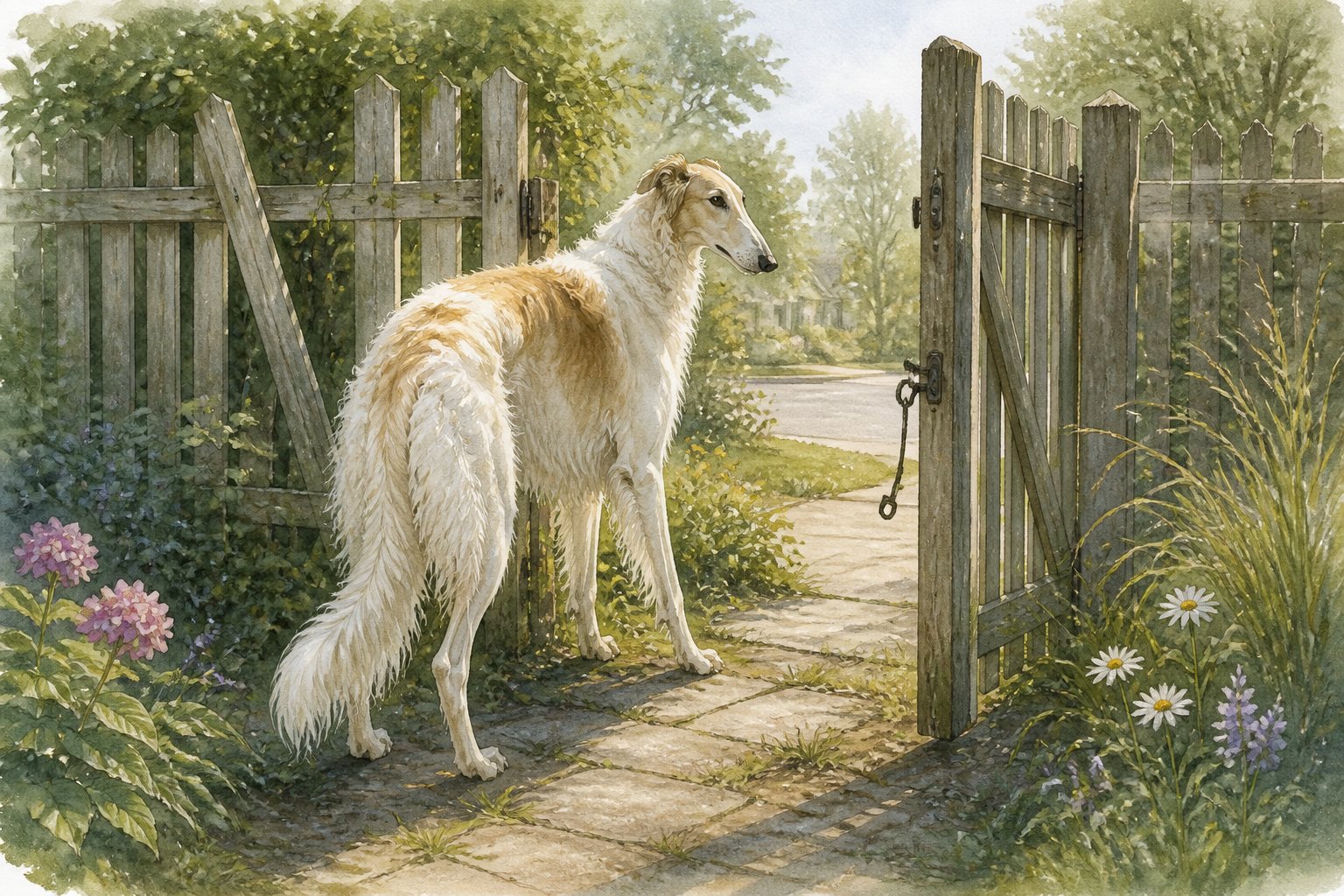A Borzoi stands beside a partially open gate in a garden with a loose fence.
