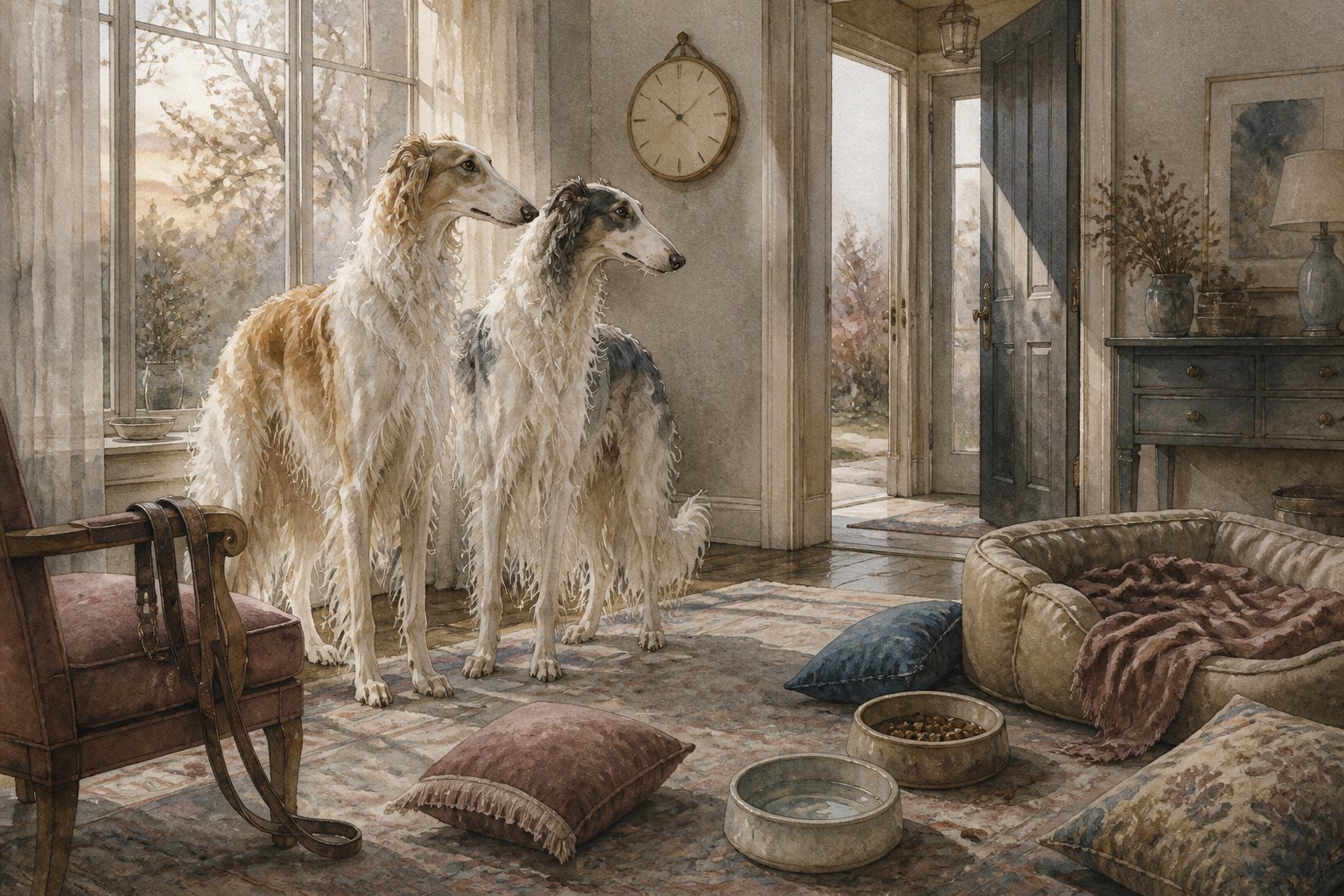 Two Borzois wait anxiously inside a quiet, slightly disordered home near an empty doorway.
