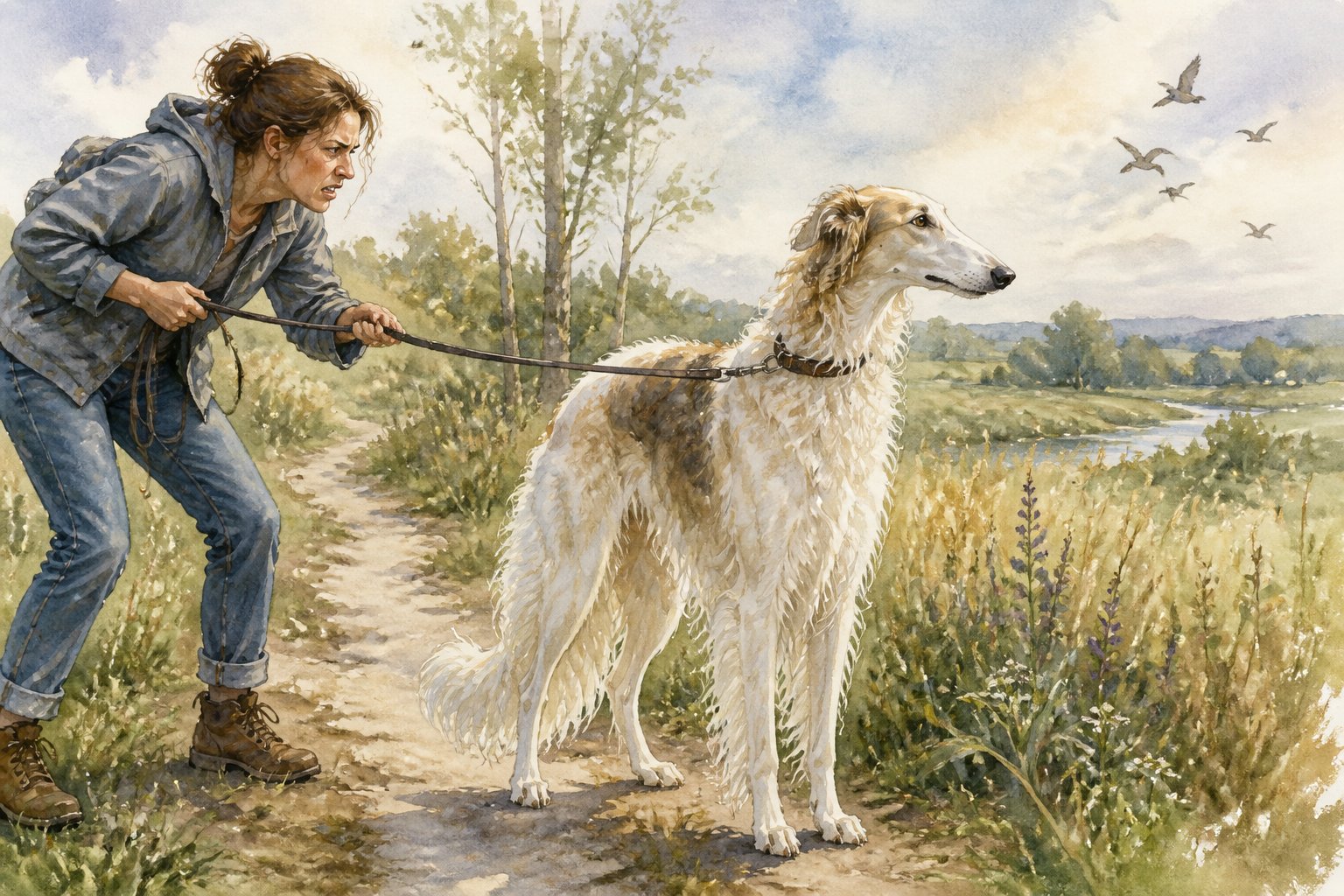 A Borzoi stands calmly apart from a frustrated owner during an outdoor training session.