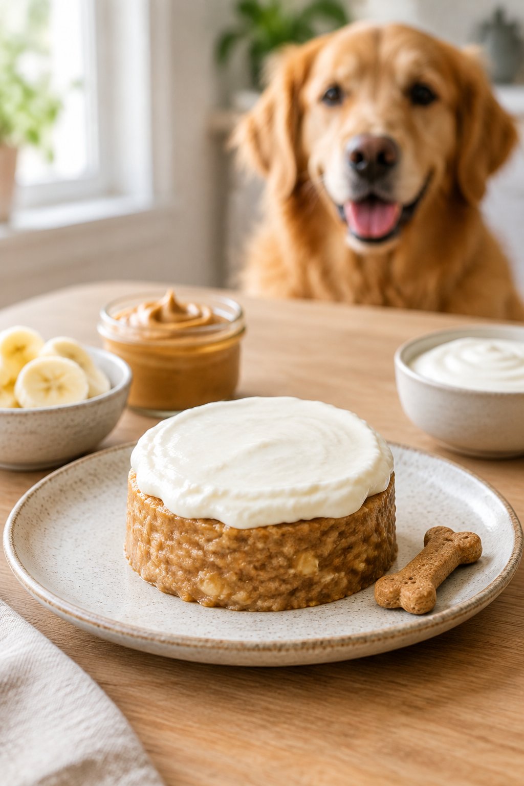 A small homemade dog birthday cake sits on a plate with banana, peanut butter, yogurt, and a dog in the background.