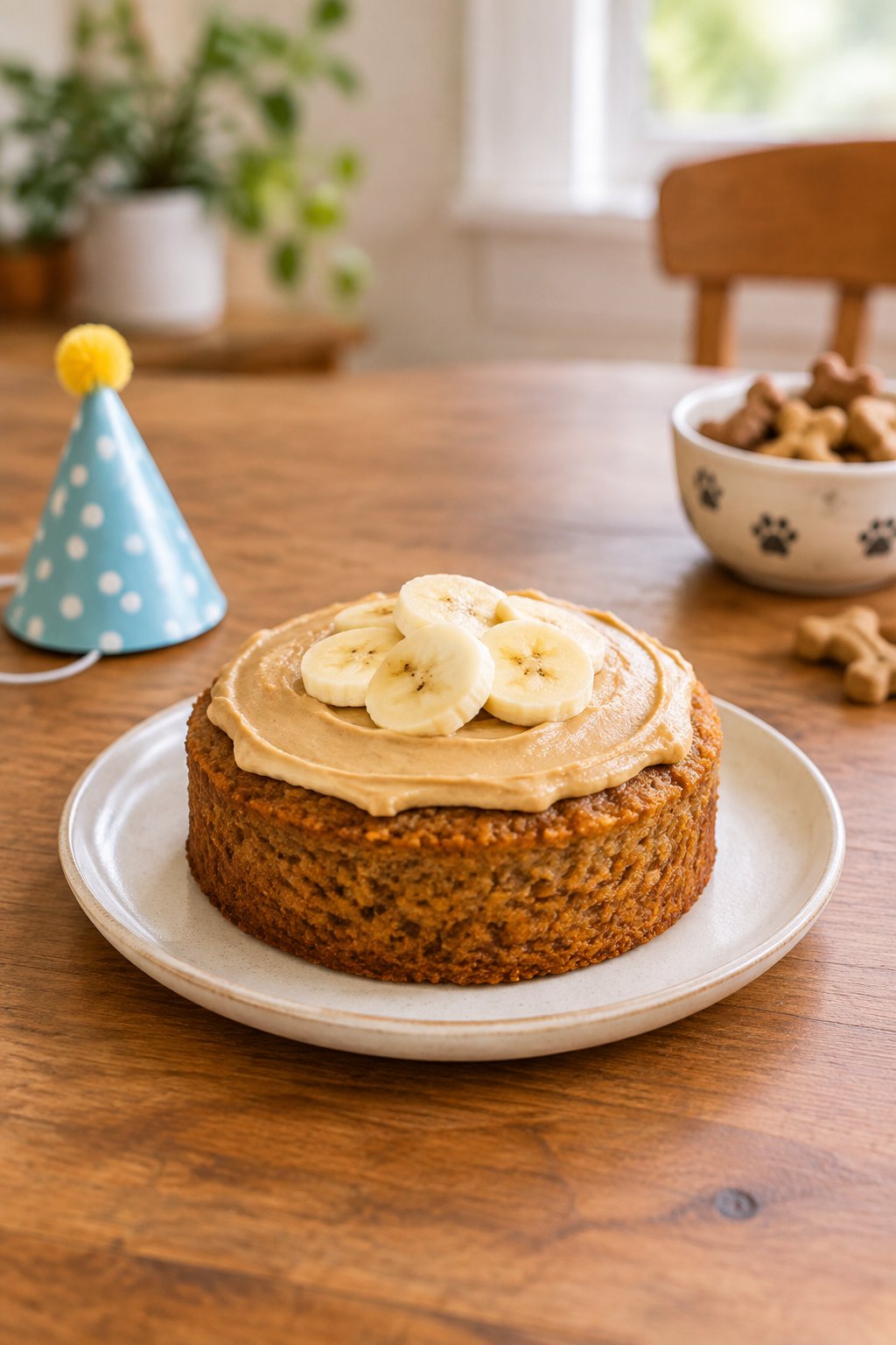 A small homemade peanut butter banana cake for a dog birthday on a plate, with banana slices and a party hat nearby.