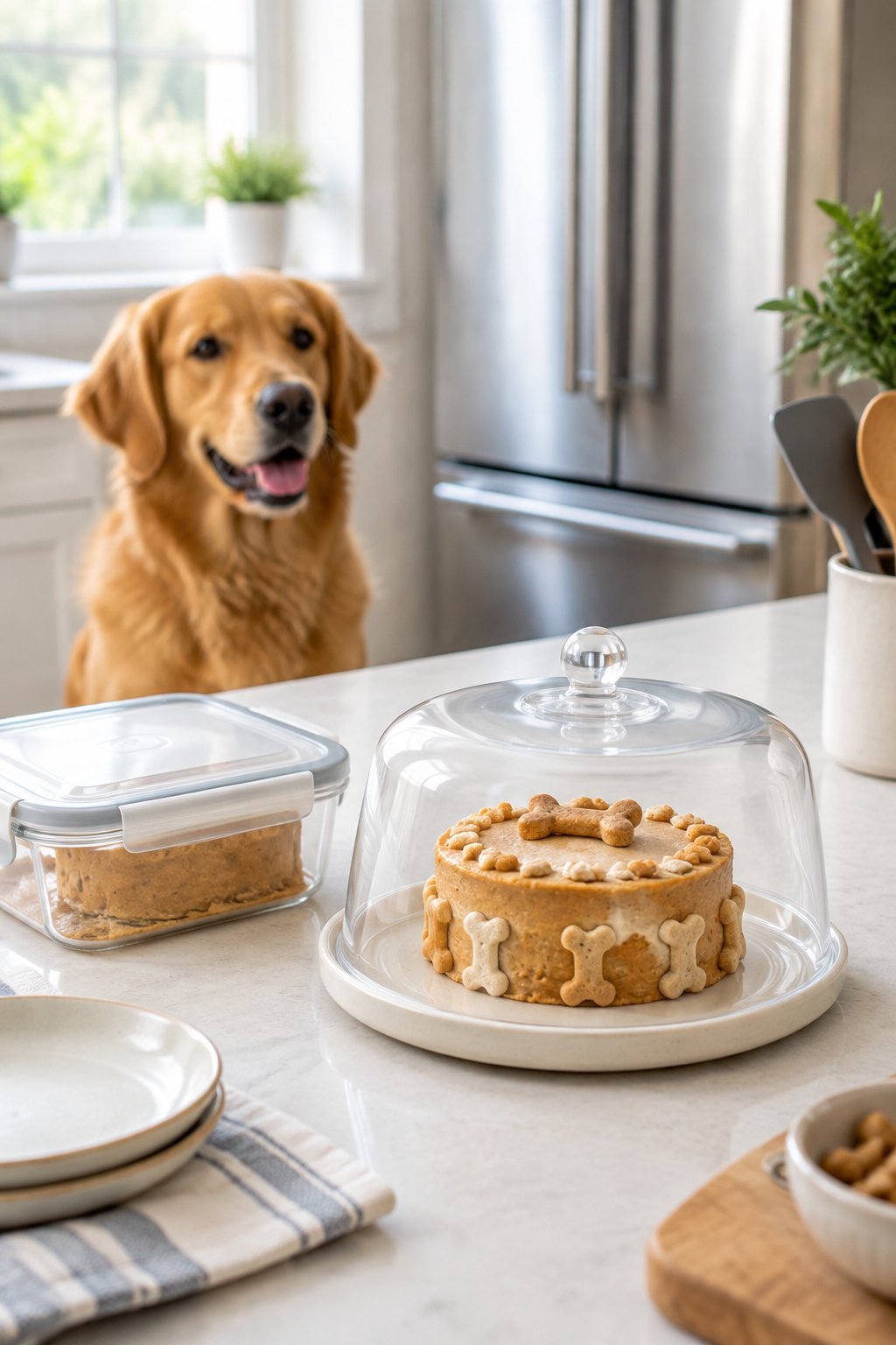 A dog watches a homemade birthday cake safely covered on a clean kitchen counter.