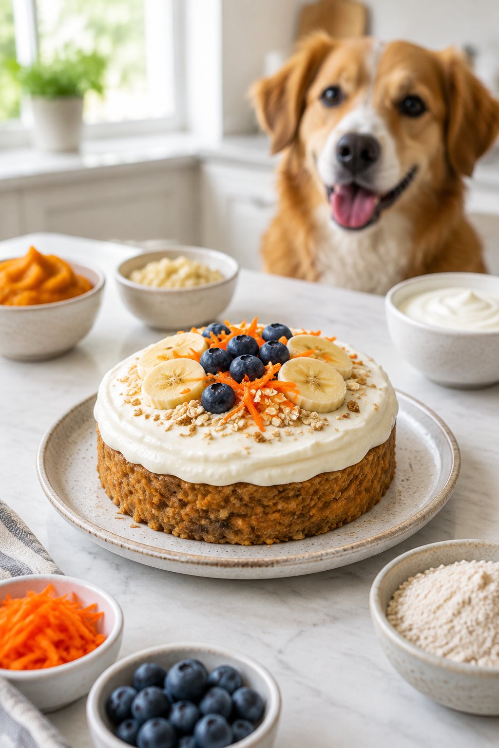 A frosted dog birthday cake with fruit and oats sits on a plate beside bowls of simple ingredients, with a dog in the background.