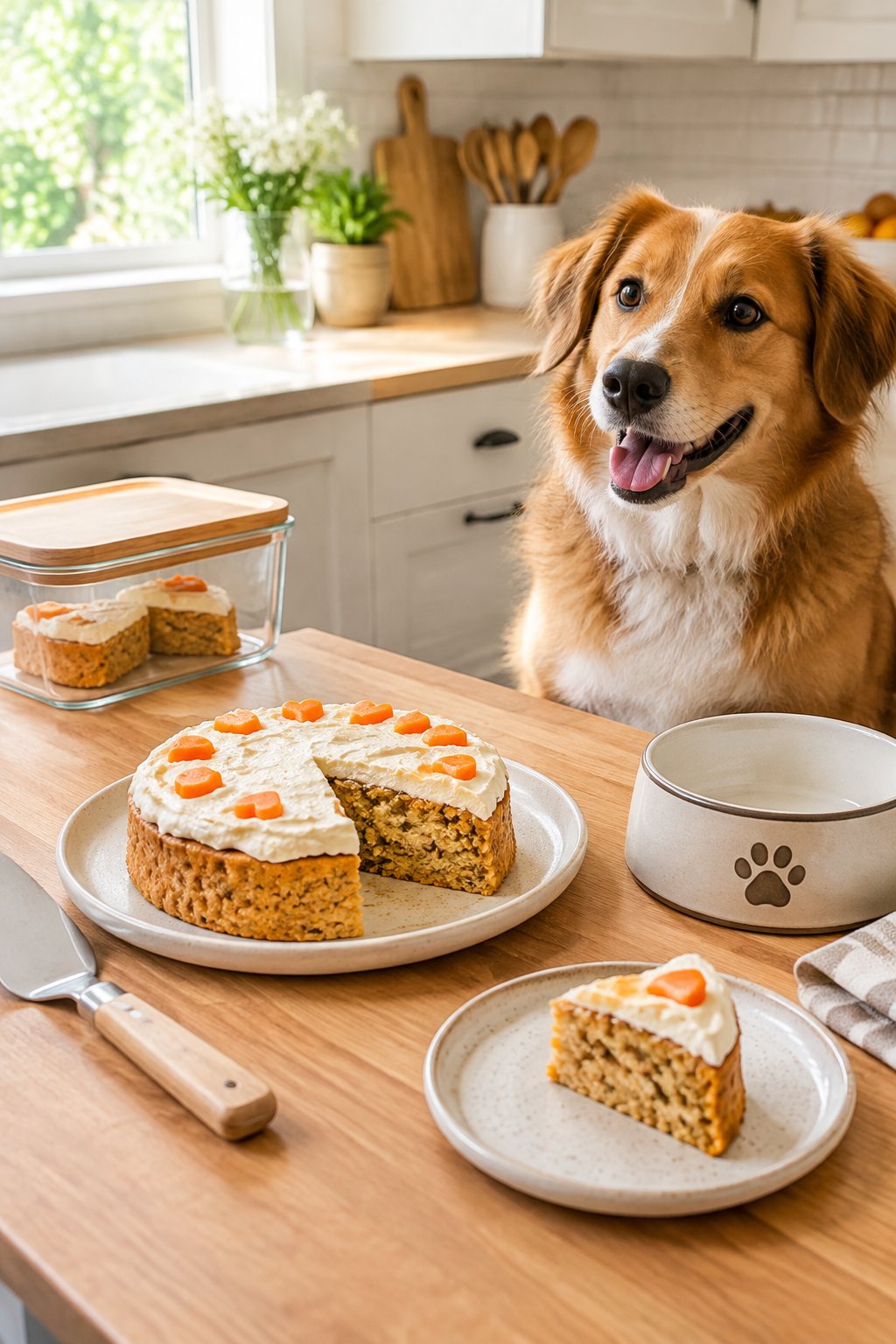 A dog sits beside a small homemade birthday cake, with extra slices stored in an airtight container on a kitchen counter.