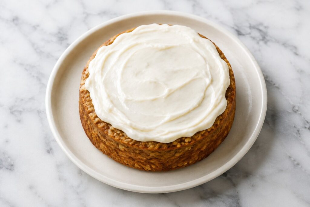 A small round peanut butter banana dog birthday cake topped with white Greek yogurt frosting on an ivory plate on white marble.