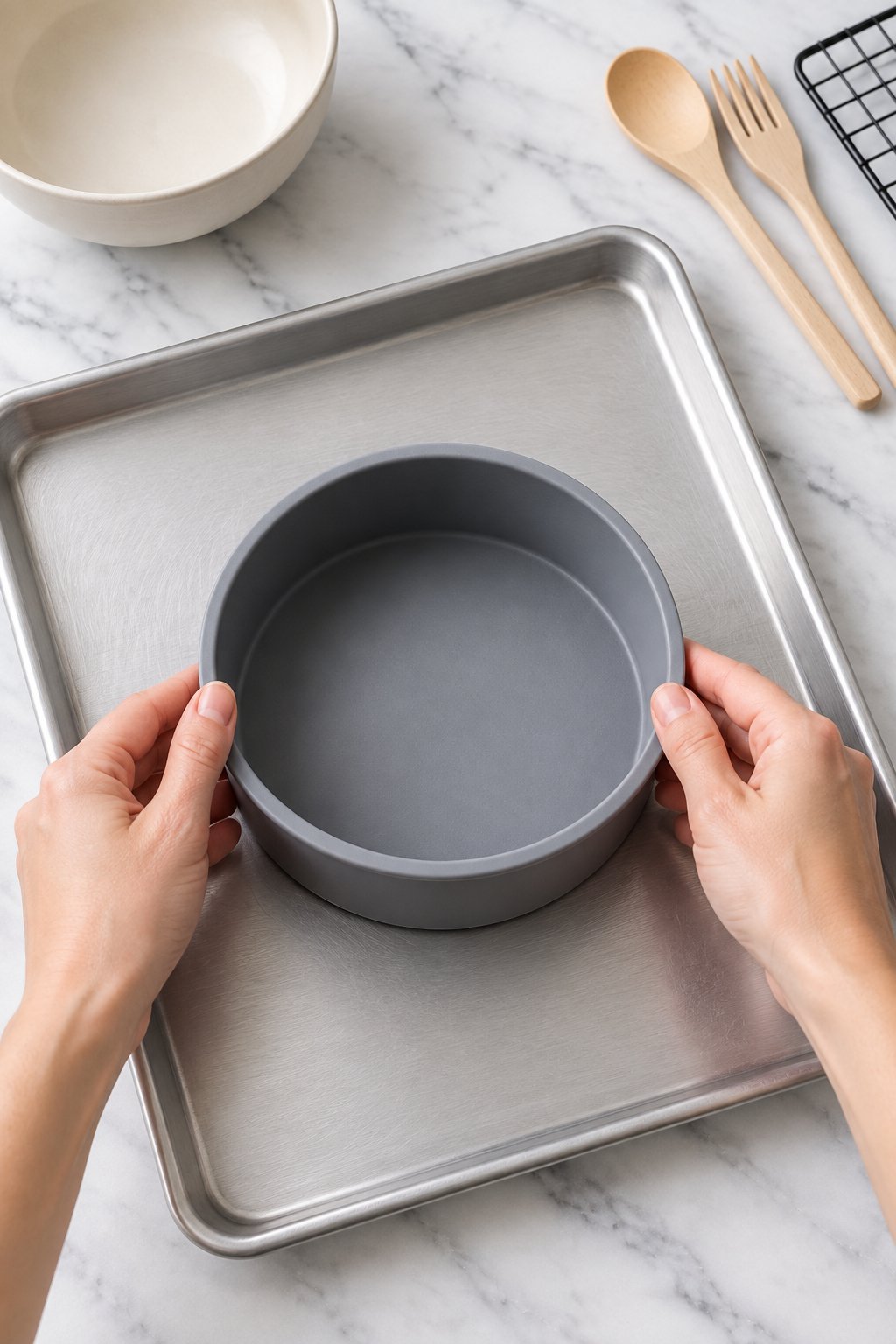 Hands setting an empty round grey silicone cake mold on a silver baking sheet.
