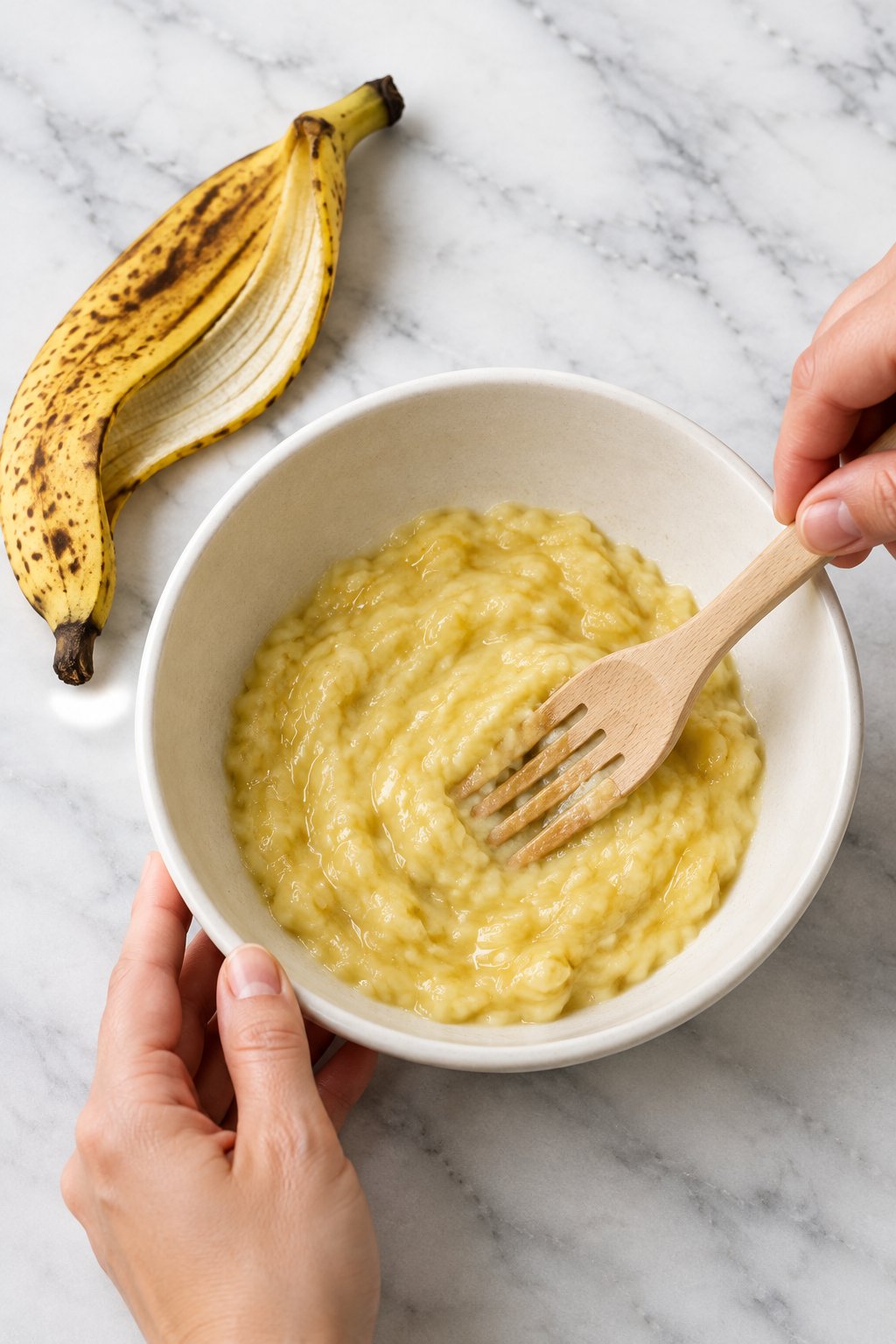 A hand mashing a ripe banana with a wooden fork in an ivory bowl, the banana peel beside it.