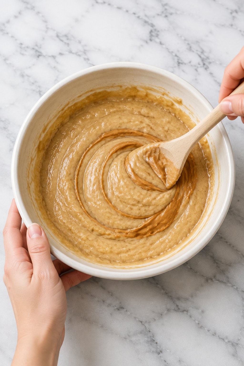 A wooden spoon stirring peanut butter into mashed banana until the mixture is an even tan color.