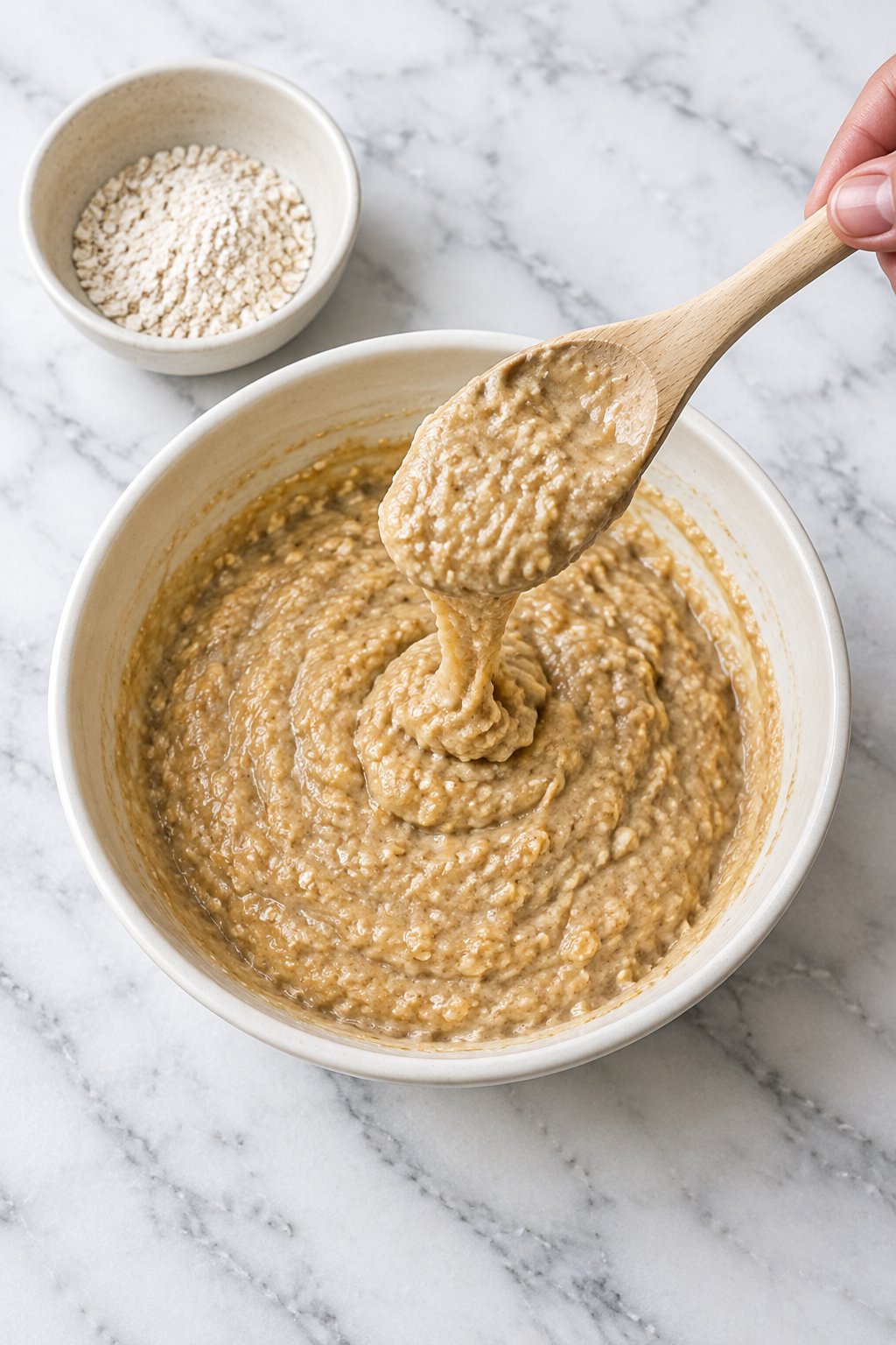 A wooden spoon lifting thick oat batter in an ivory bowl, with a small bowl of oat flour nearby.