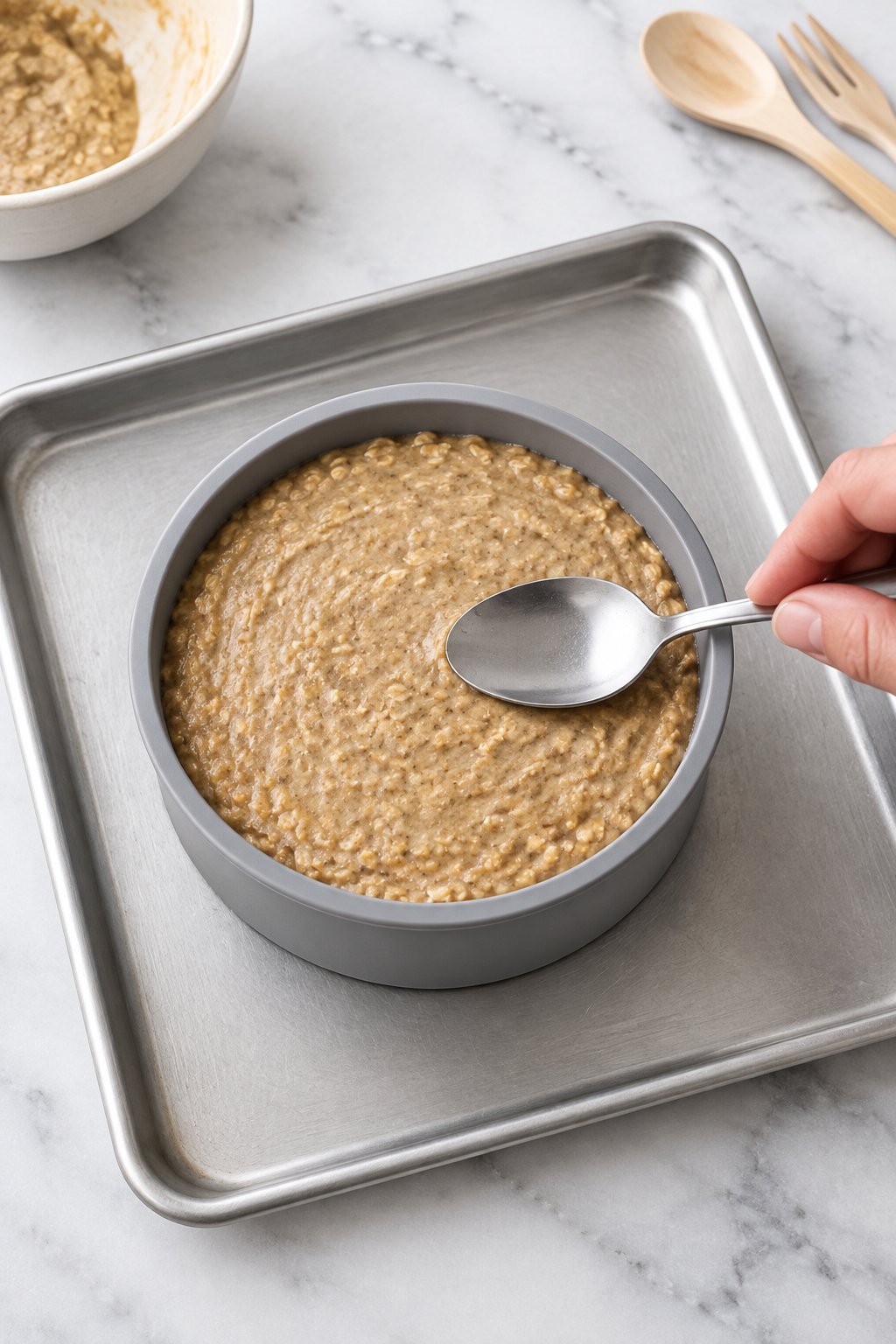 A hand smoothing raw oat batter in a round silicone mold on a silver baking sheet with the back of a spoon.