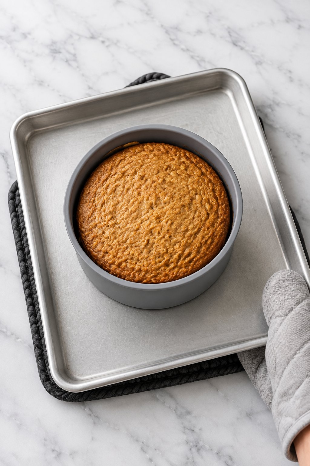 A freshly baked golden-brown dog cake in its silicone mold on a baking sheet, steadied by an oven mitt.
