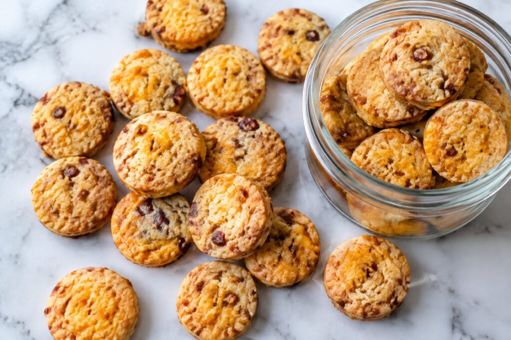 4-Ingredient Bacon Cheese Dog Treats: About twenty small flat round bacon cheese dog treats, each a 1-inch disc about 1/4 inch thick, lightly puffed and golden with visible flecks of chedd.