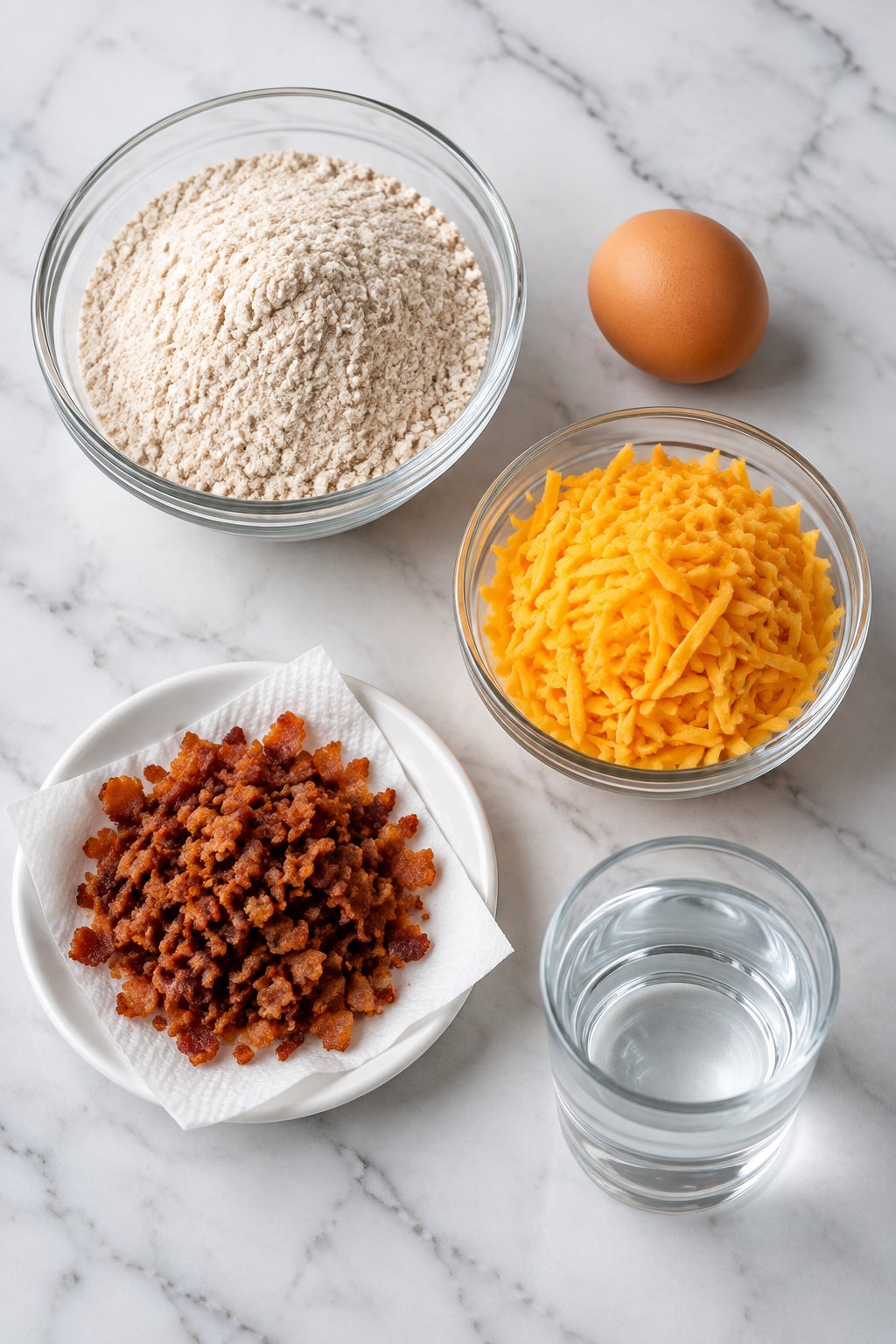 Ingredients for bacon cheese dog treats: whole wheat flour, egg, shredded cheddar, crumbled bacon and water.
