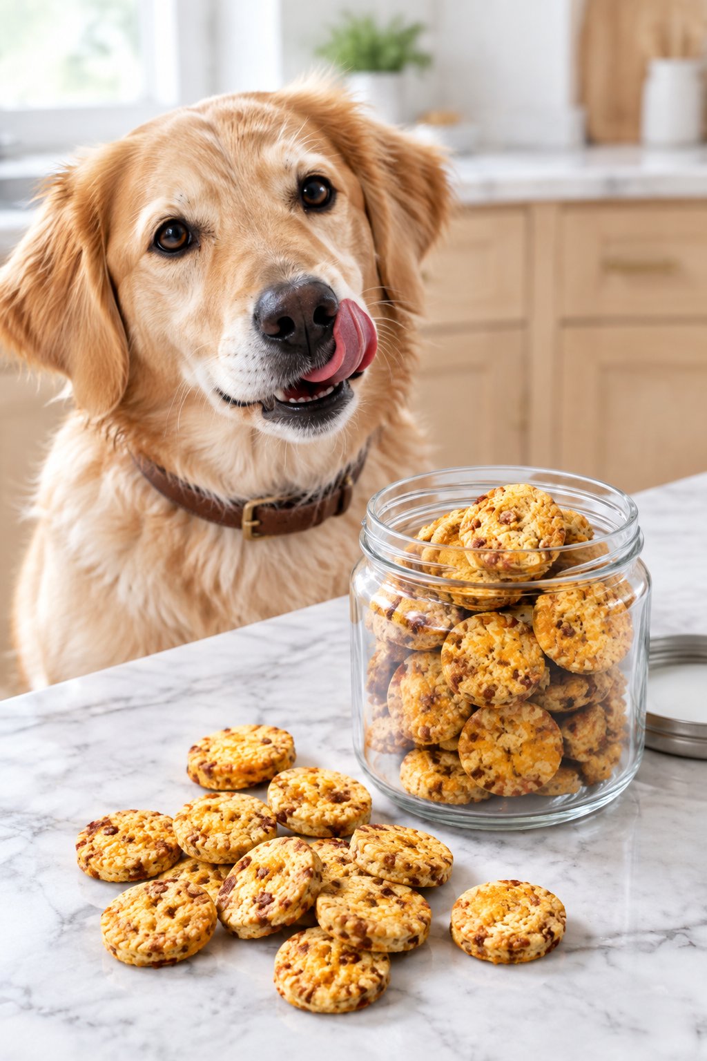 A golden retriever mix licking its lips beside a jar of homemade bacon cheese dog treats.