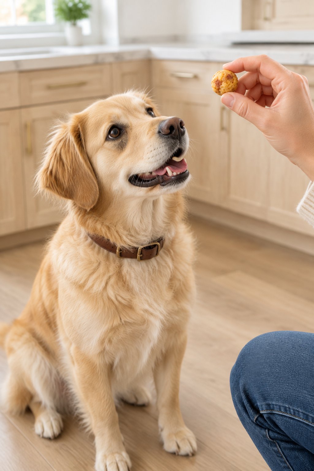A golden retriever mix sitting for a small homemade bacon cheese training treat.