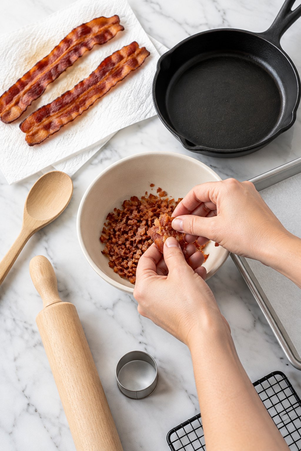Two crisp cooked bacon slices blotting on paper towels beside a small black skillet, a hand crumbling one into fine bits.