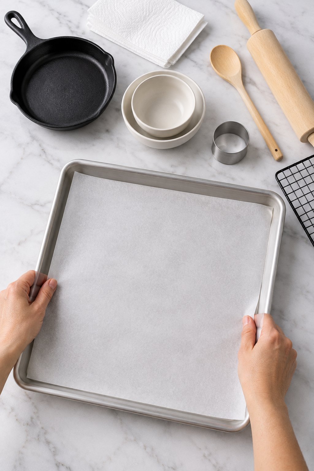Hands lining an empty baking sheet with parchment paper.