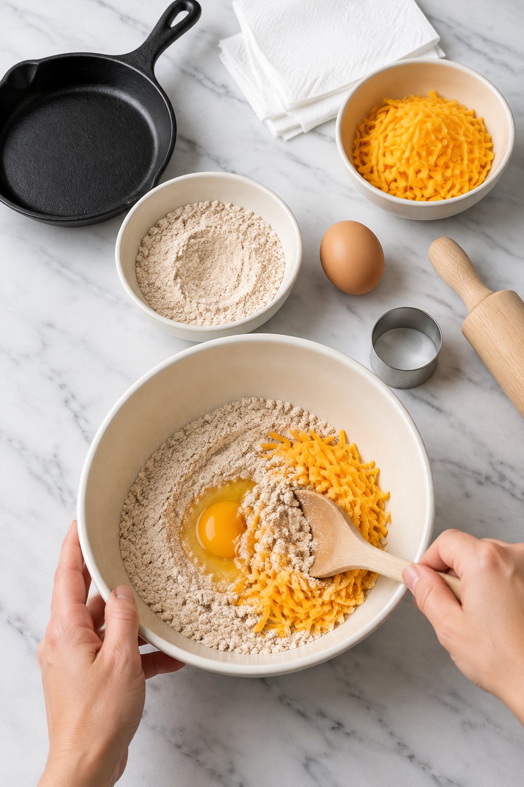 A spoon stirring whole wheat flour, an egg and shredded cheddar in an ivory bowl.