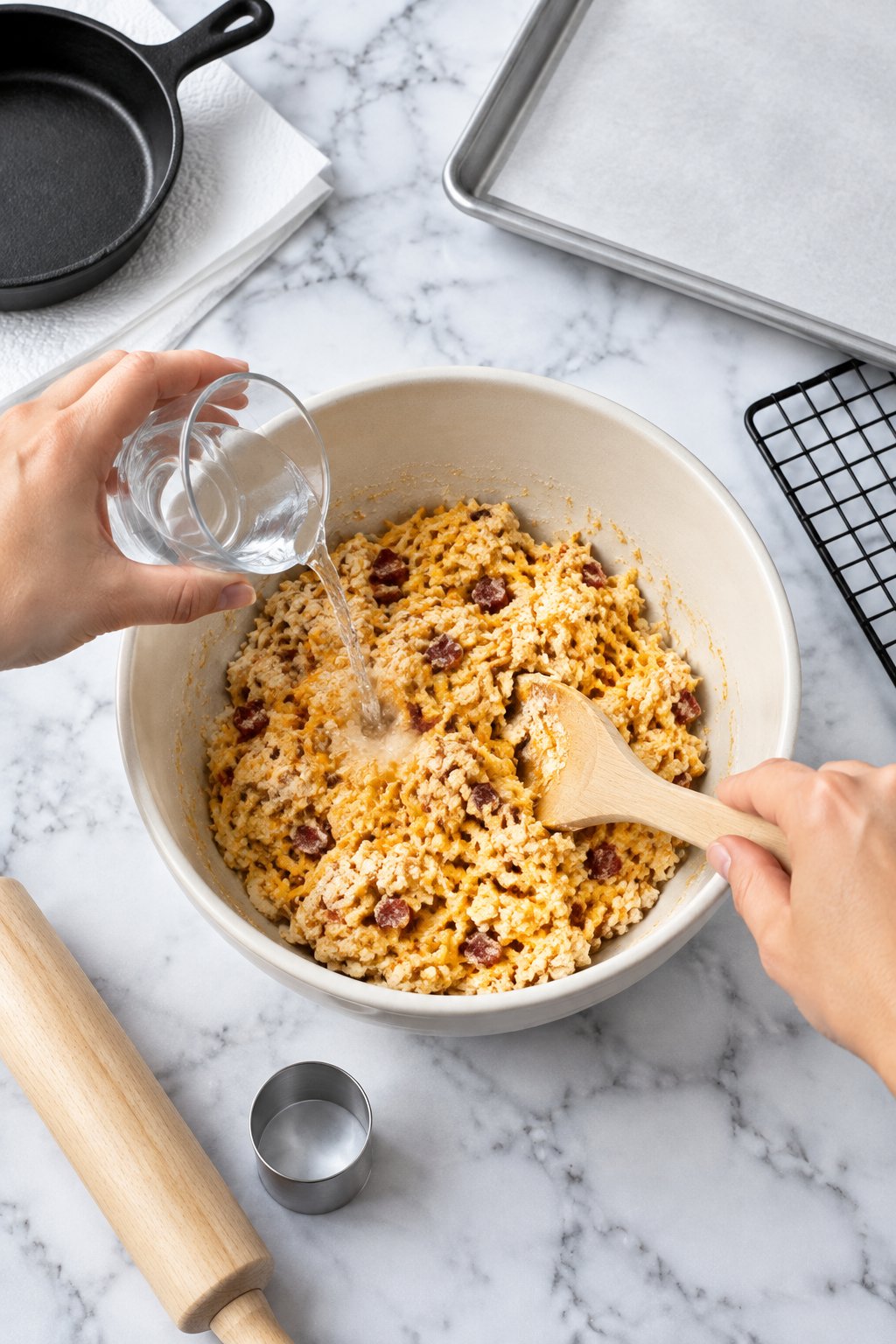 One hand pouring a splash of water into a bowl of cheese and bacon dough while the other stirs it with a wooden spoon.