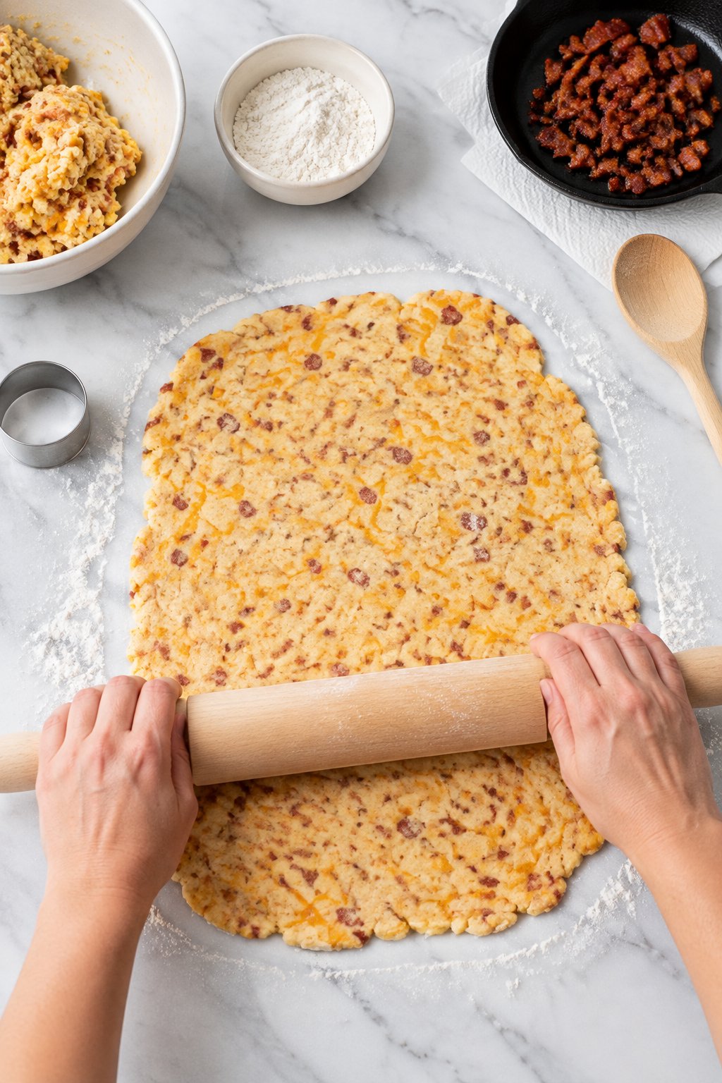 A rolling pin rolling the cheese and bacon-flecked dough to a quarter-inch sheet on floured marble.