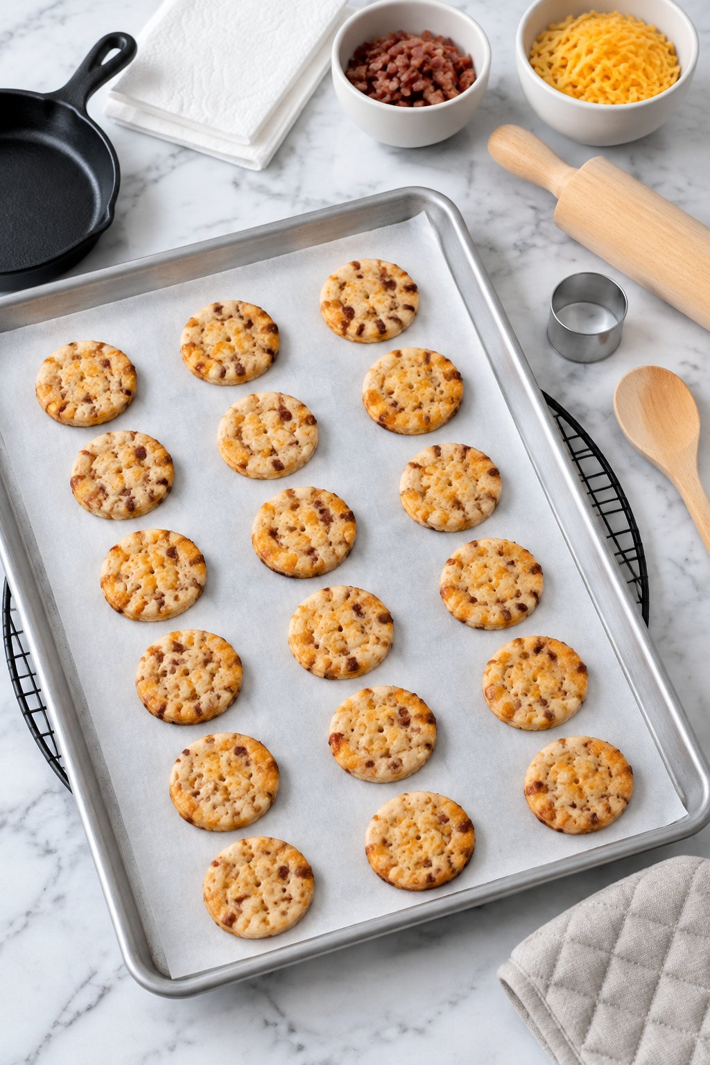 The baking sheet of small flat golden 1-inch round bacon cheese treats, lightly puffed, on a trivet, oven mitt beside it.