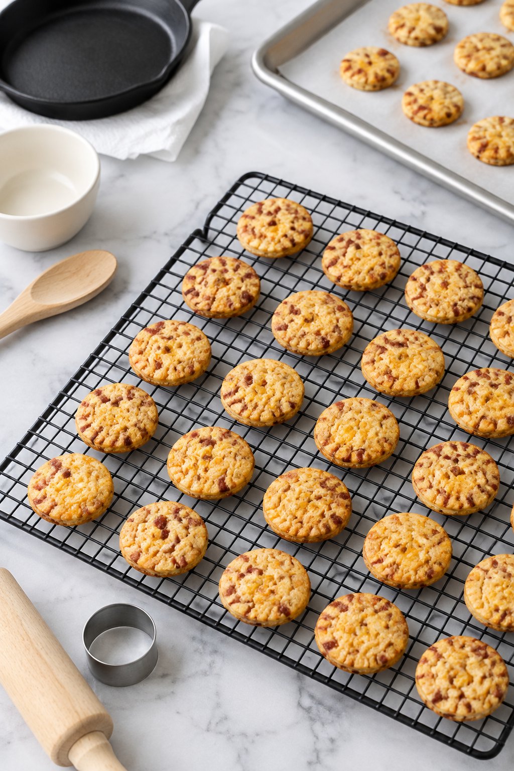 Small flat golden 1-inch round bacon cheese treats cooling in rows on a black wire rack.