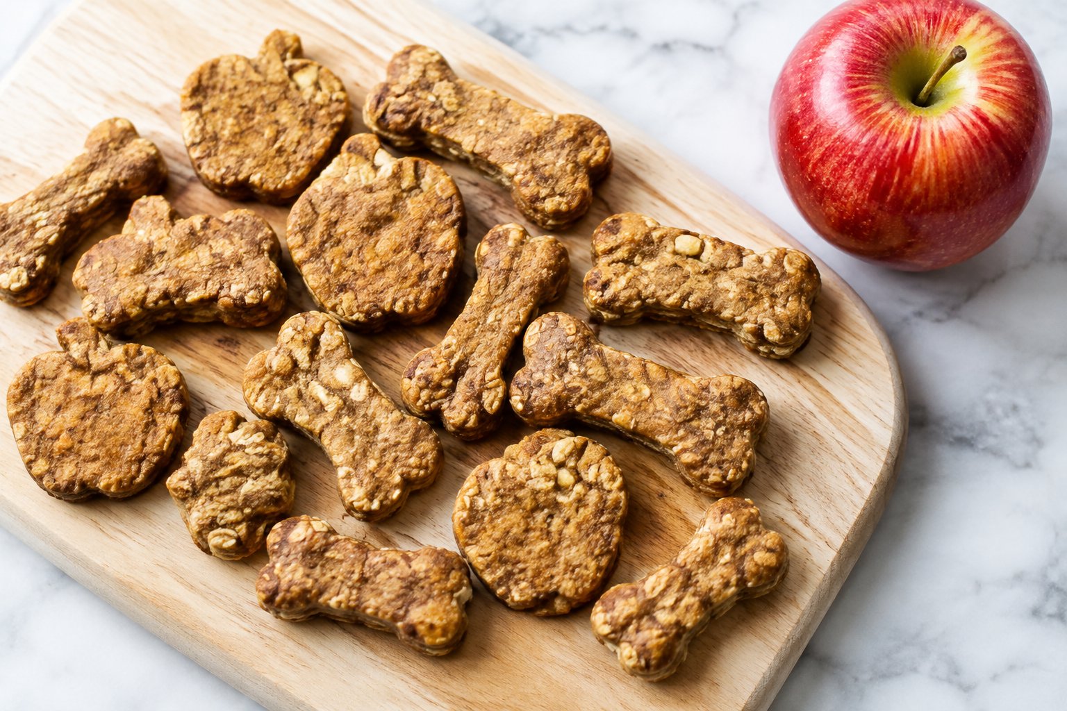 Apple Cinnamon Dog Treats: About fifteen apple cinnamon dog treats cut as small apples and bones, golden-brown with oat flecks and tiny bits of apple, on a board with one fresh .