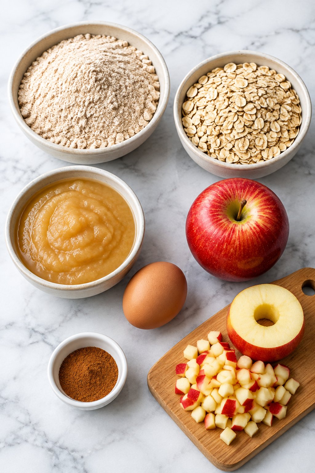 Ingredients for apple cinnamon dog treats: flour, oats, applesauce, egg, apple and cinnamon.