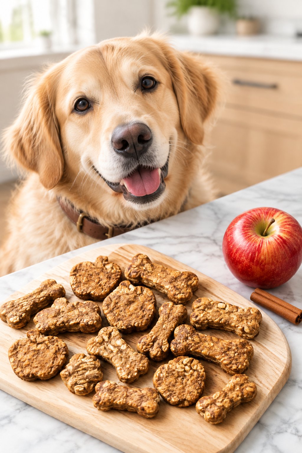 A golden retriever mix resting beside homemade apple cinnamon dog treats.