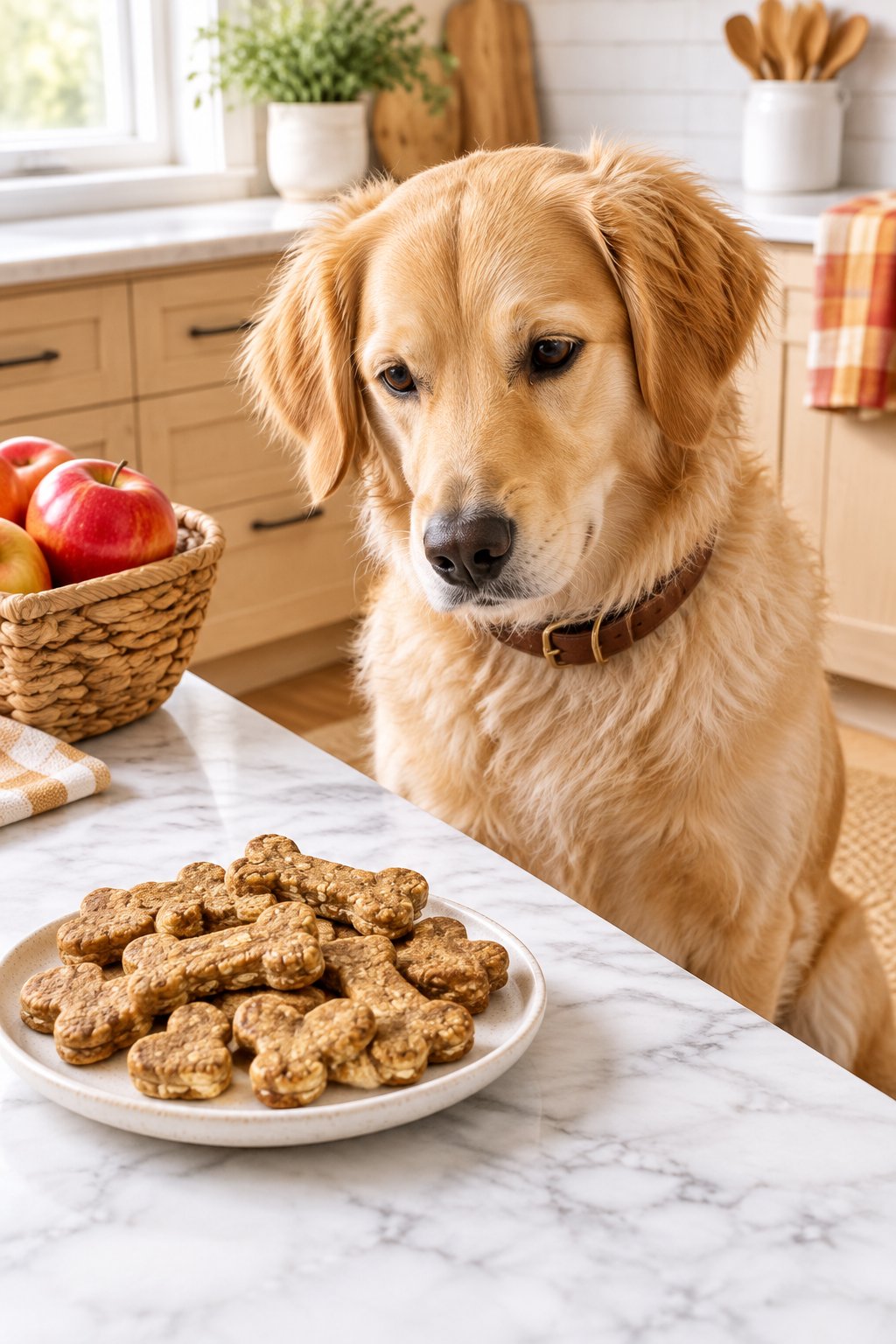 A golden retriever mix beside a plate of homemade apple cinnamon dog treats and a basket of apples.