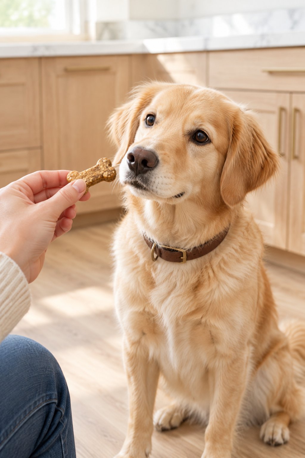 A golden retriever mix taking a homemade apple cinnamon treat from a hand.