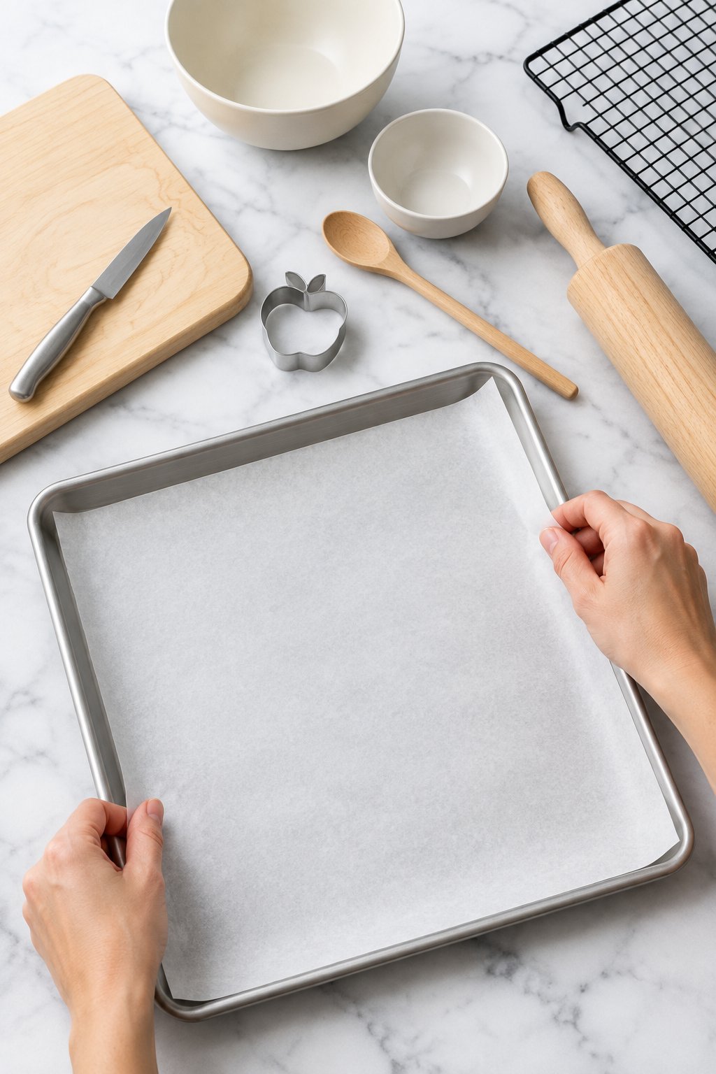 Hands lining an empty baking sheet with parchment paper.