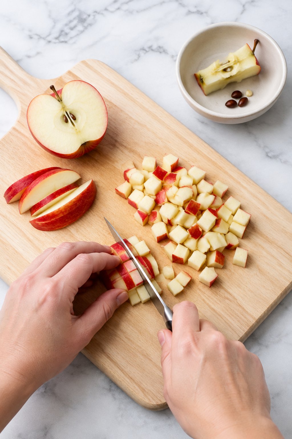 A paring knife finely chopping a cored red apple on a board.