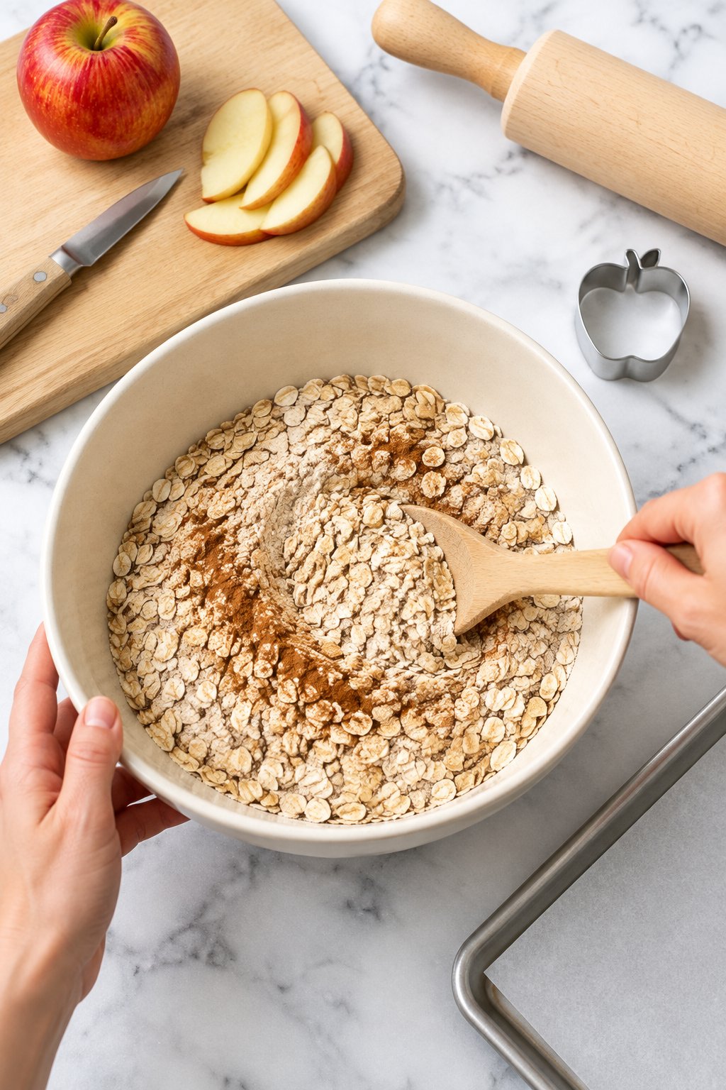 A spoon stirring whole wheat flour, rolled oats and a little cinnamon in an ivory bowl.