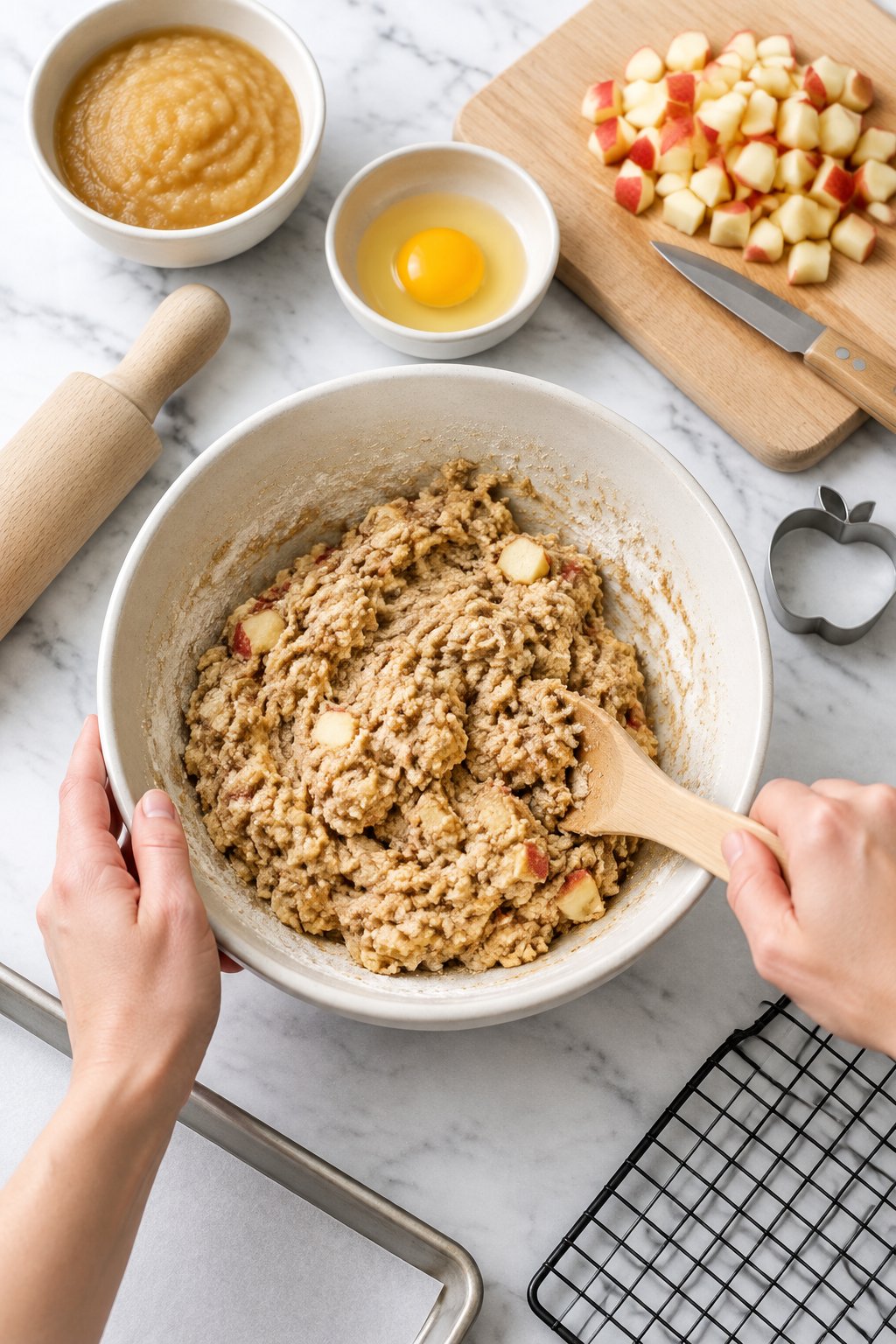 Applesauce, an egg and chopped apple being stirred into the flour into a firm, apple-flecked dough.