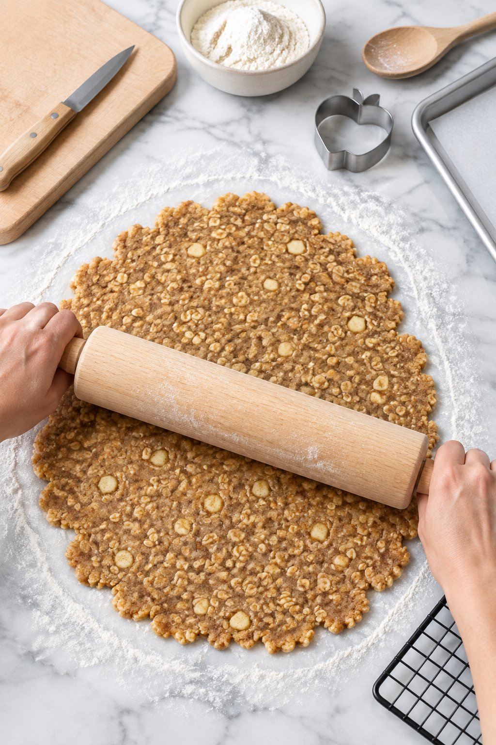 A rolling pin rolling the apple-flecked dough to an even quarter-inch sheet on a floured patch of marble.